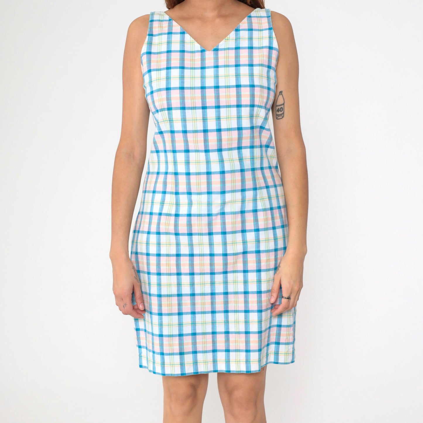 90s Tommy Hilfiger Checkered Mini Dress V Neck Sheath White Blue Pink Small