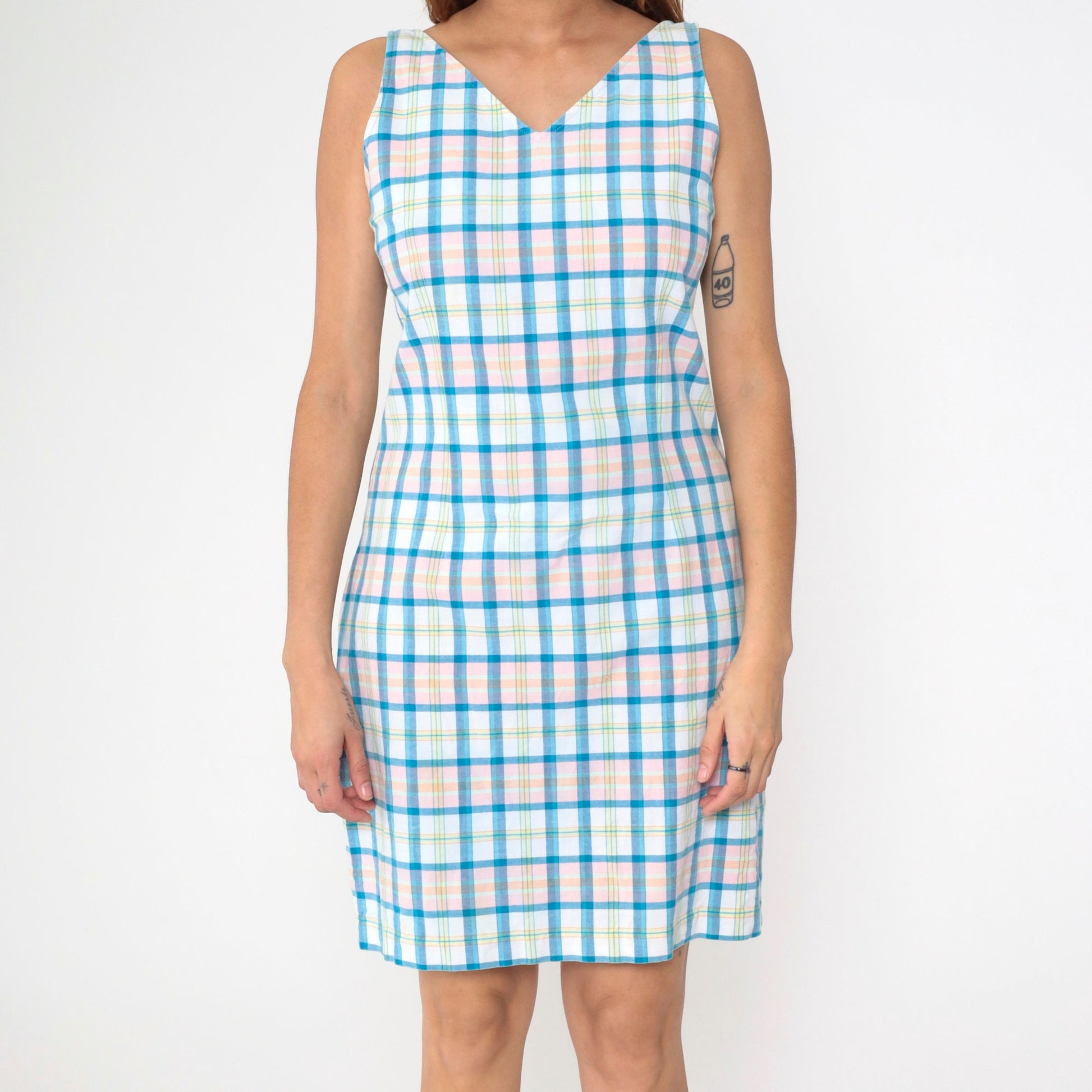 90s Tommy Hilfiger Checkered Mini Dress V Neck Sheath White Blue Pink Small