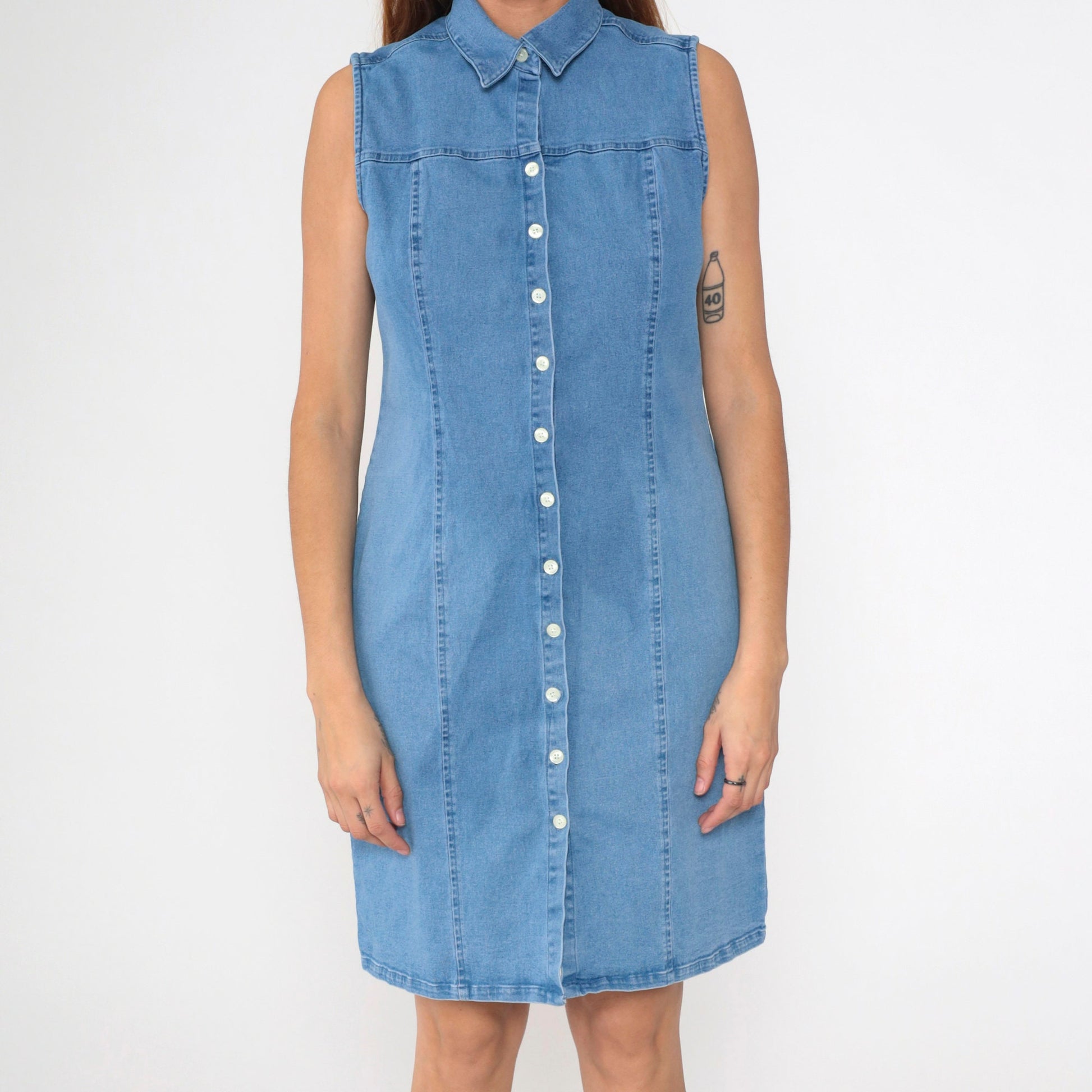 90s Charter Club Denim Mini Dress Button-Up Sleeveless Sheath Blue Medium Petite