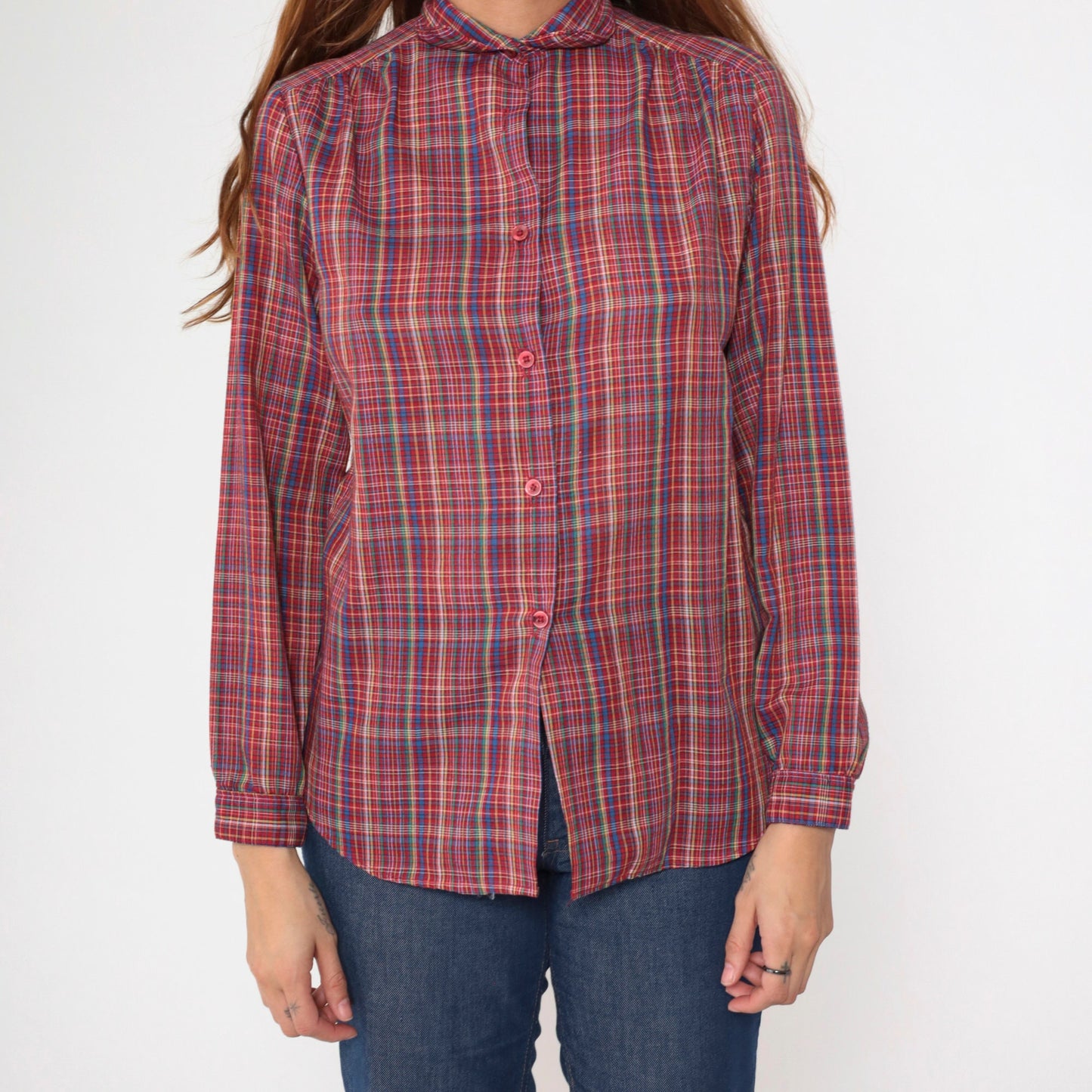 70s Plaid Button-Up Shirt Multicolored Tartan Collared Long Sleeve Small S