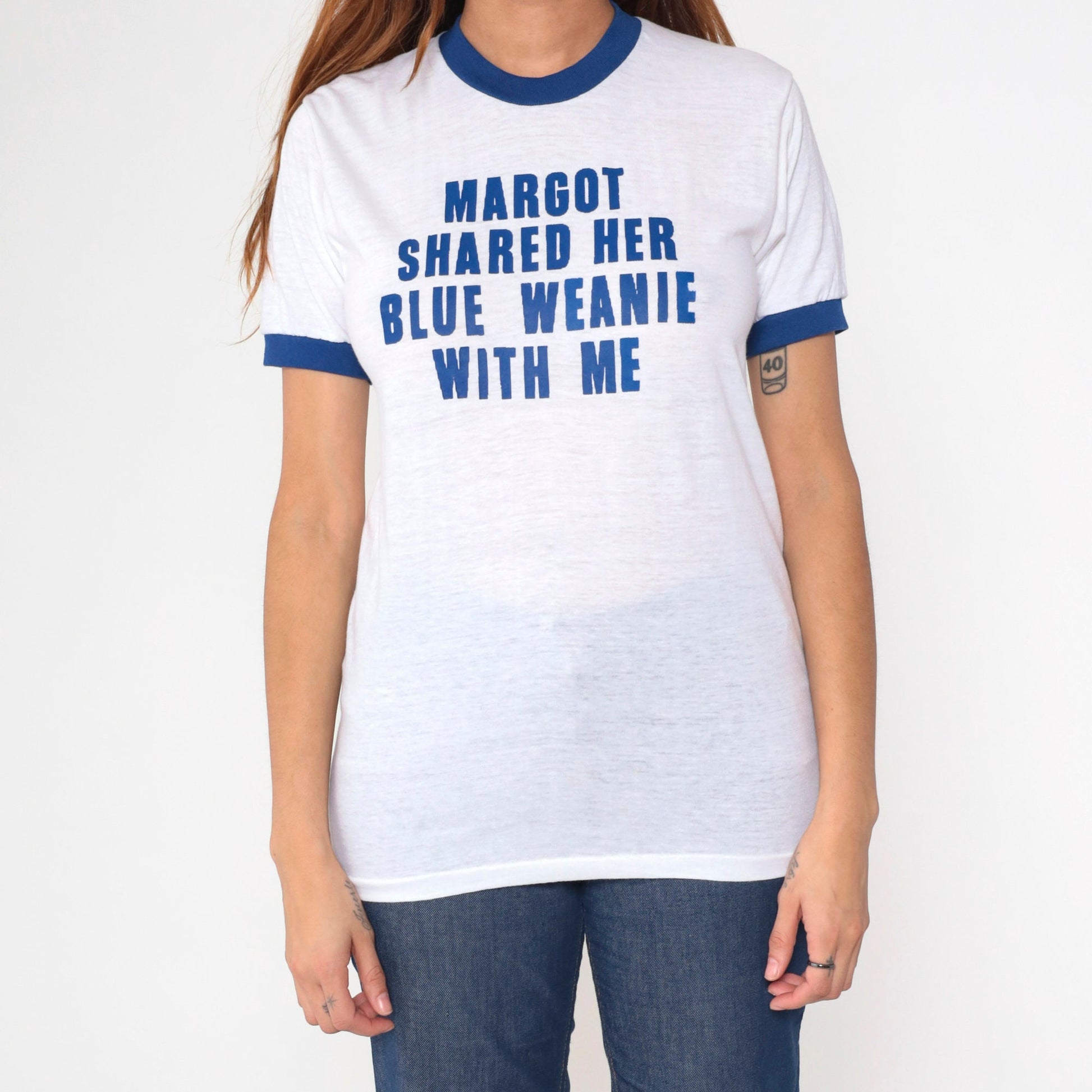 80s KC Sportswear Ringer Tee Margot Blue Weenie Graphic Joke Shirt Small