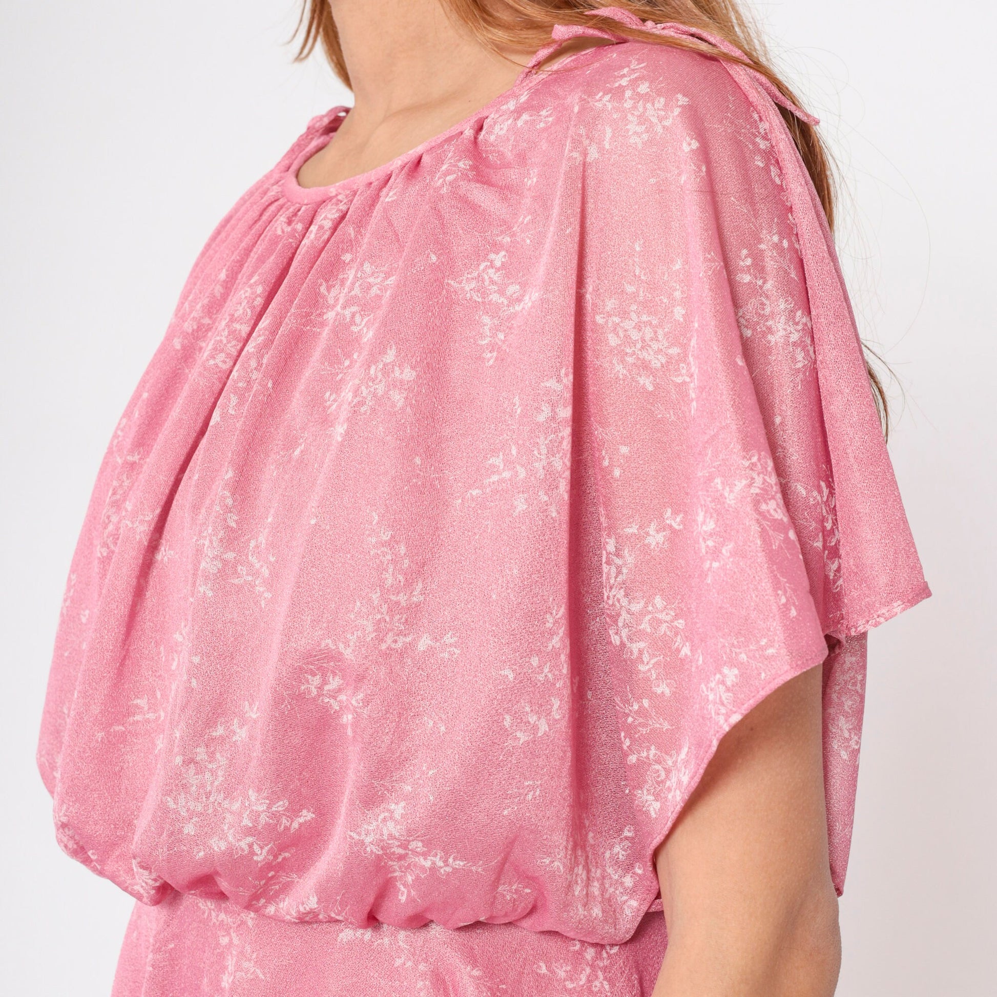 70s Pink Floral Handkerchief Hem Midi Dress Split Sleeve Grecian Small