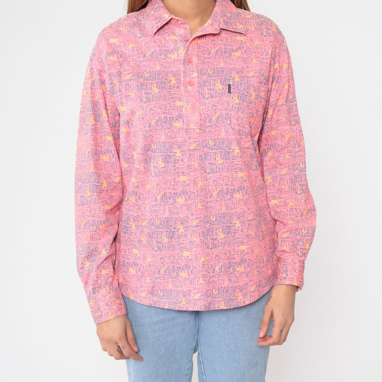 90s Manito Menswear Pink Abstract Print Polo Shirt Long Sleeve Small S