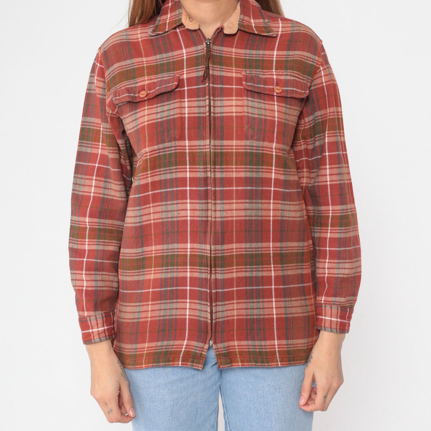 Y2K Plaid Flannel Zip Jacket Red Checkered Cotton Shacket Small