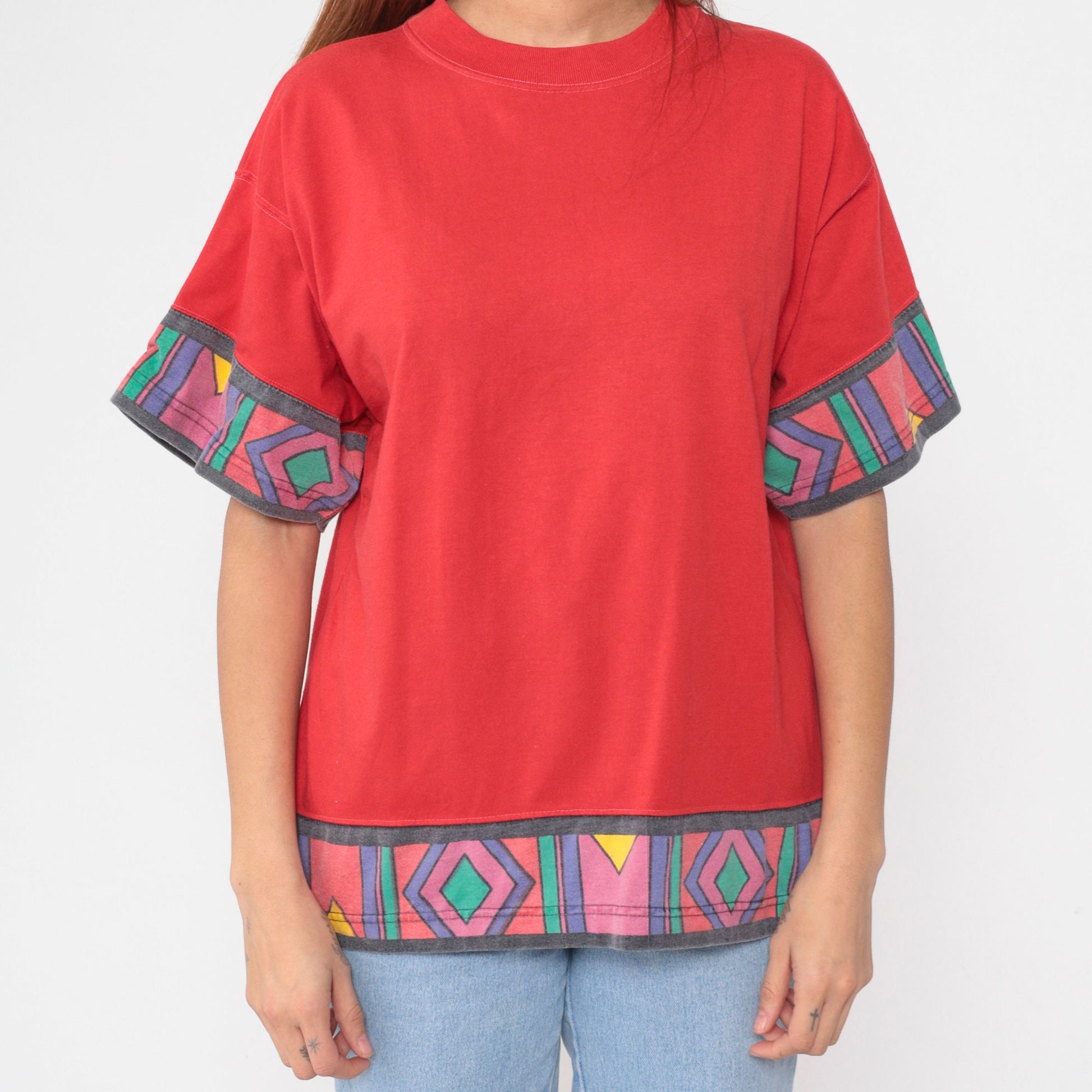 90s Southwestern Geometric Red Graphic T-Shirt Cotton Large