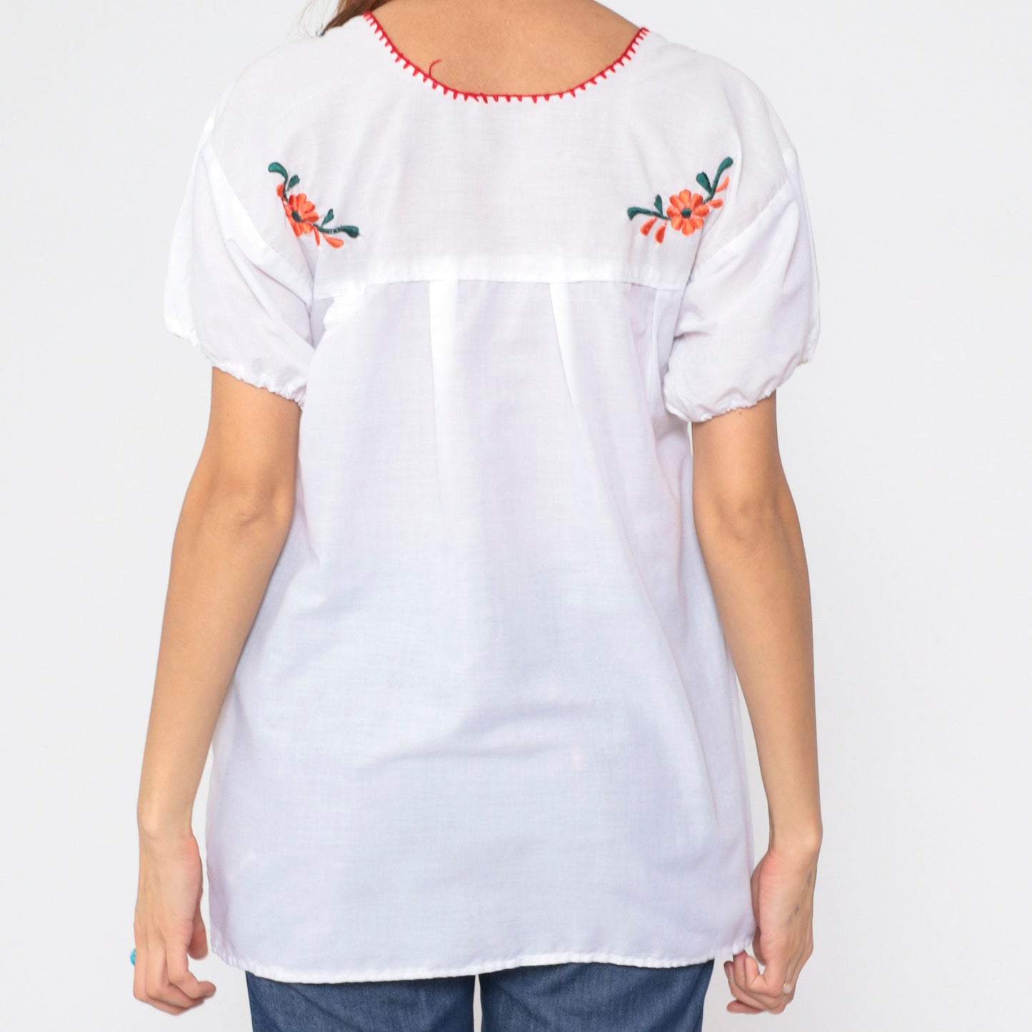90s Mexican Embroidered Bird Blouse White Cotton Floral Puebla Medium