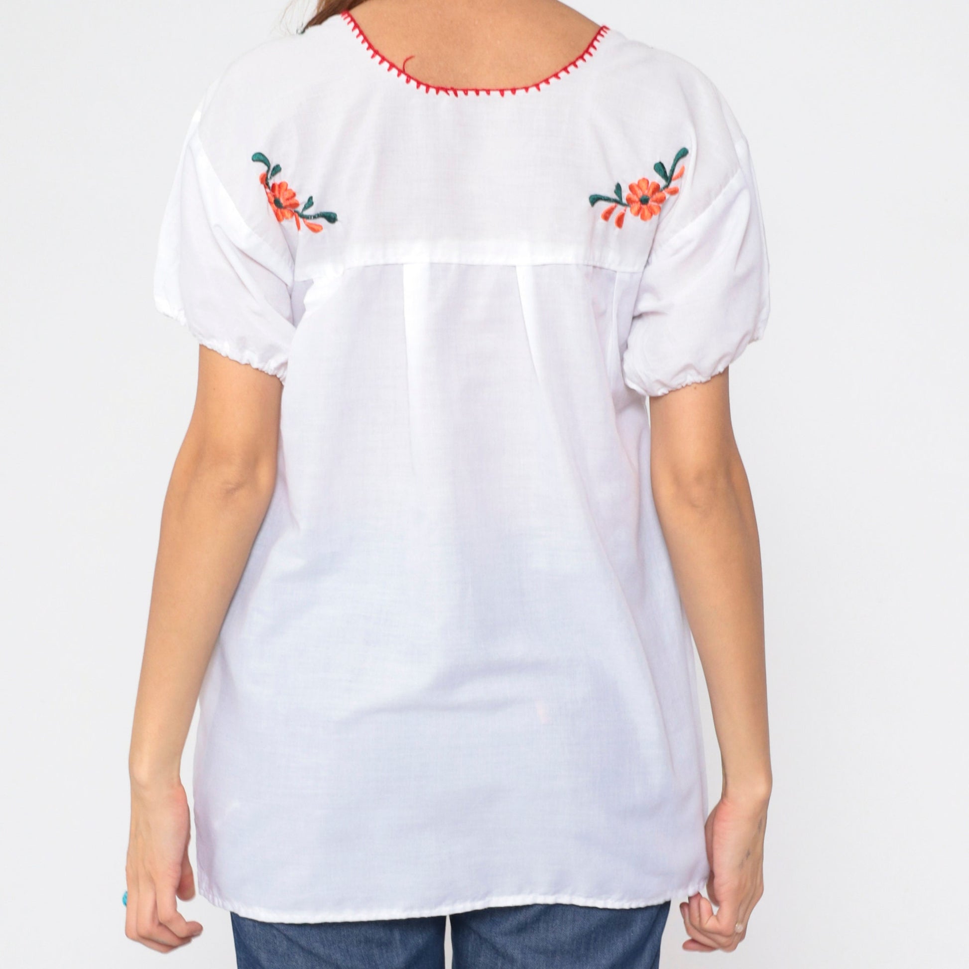 90s Mexican Embroidered Bird Blouse White Cotton Floral Puebla Medium