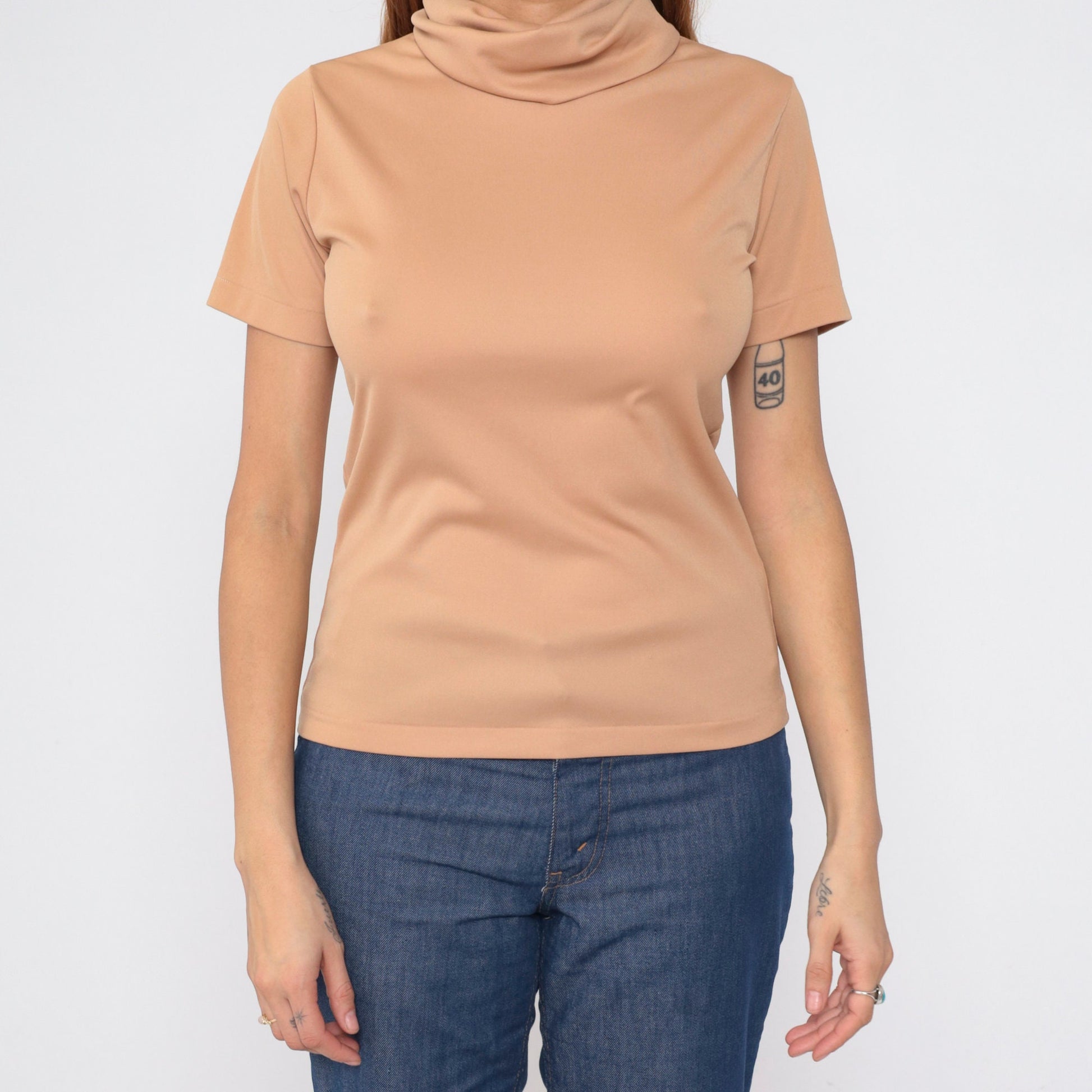 70s Tan Turtleneck Short Sleeve Blouse Medium M