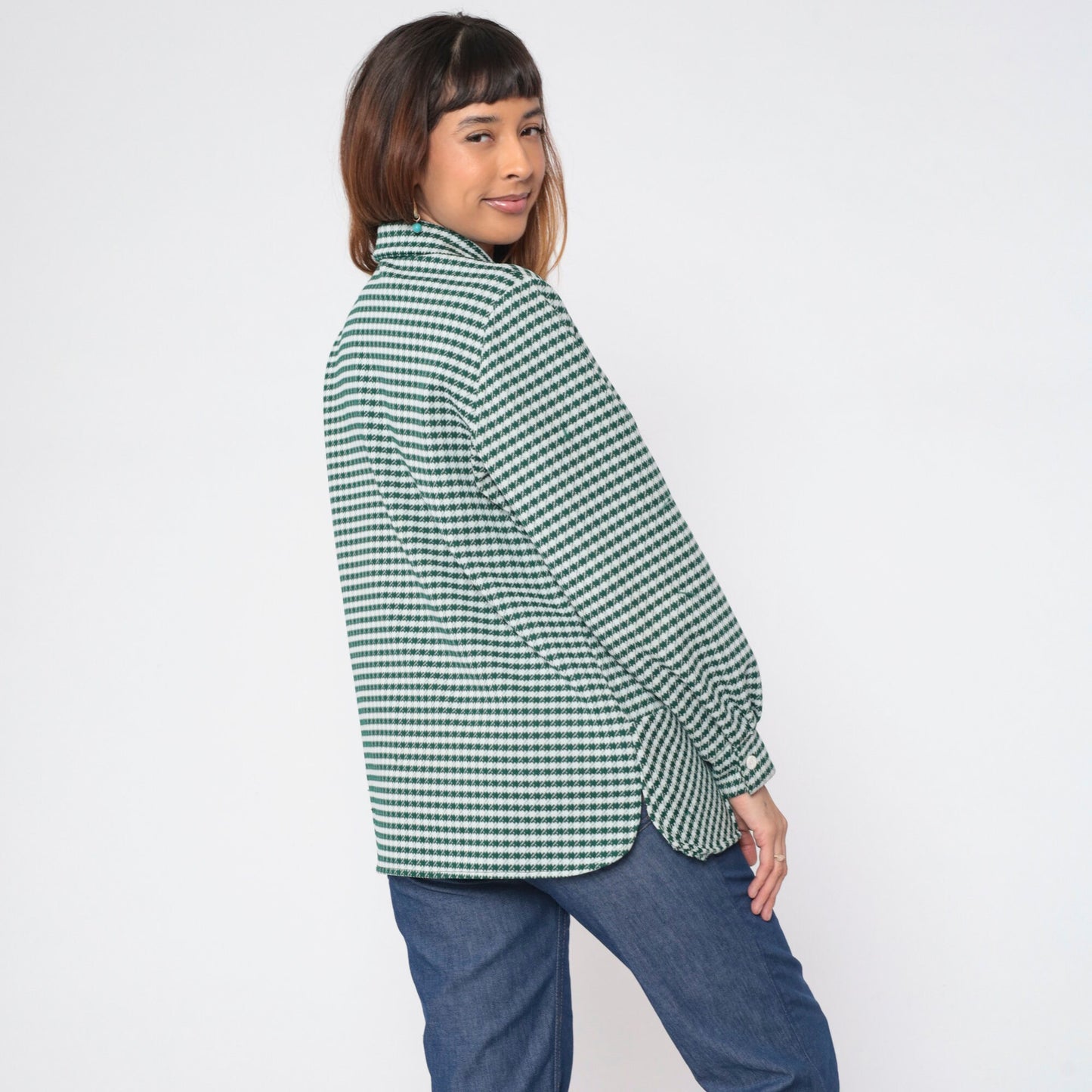 70s Green White Checkered Button-Up Blouse Long Sleeve Collared Shirt Extra Large