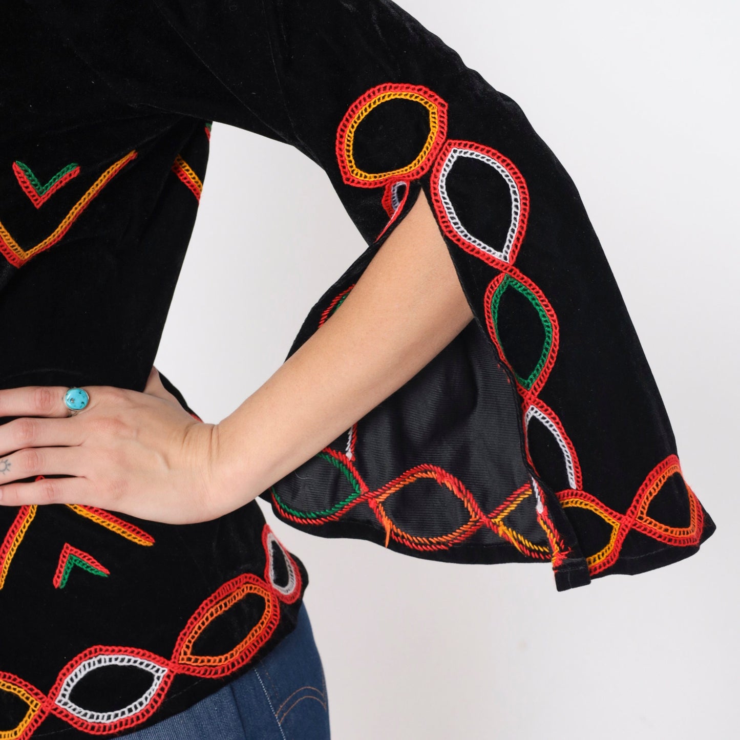 80s Black Velvet Blouse Embroidered Split Bell Sleeve Open Back Medium M
