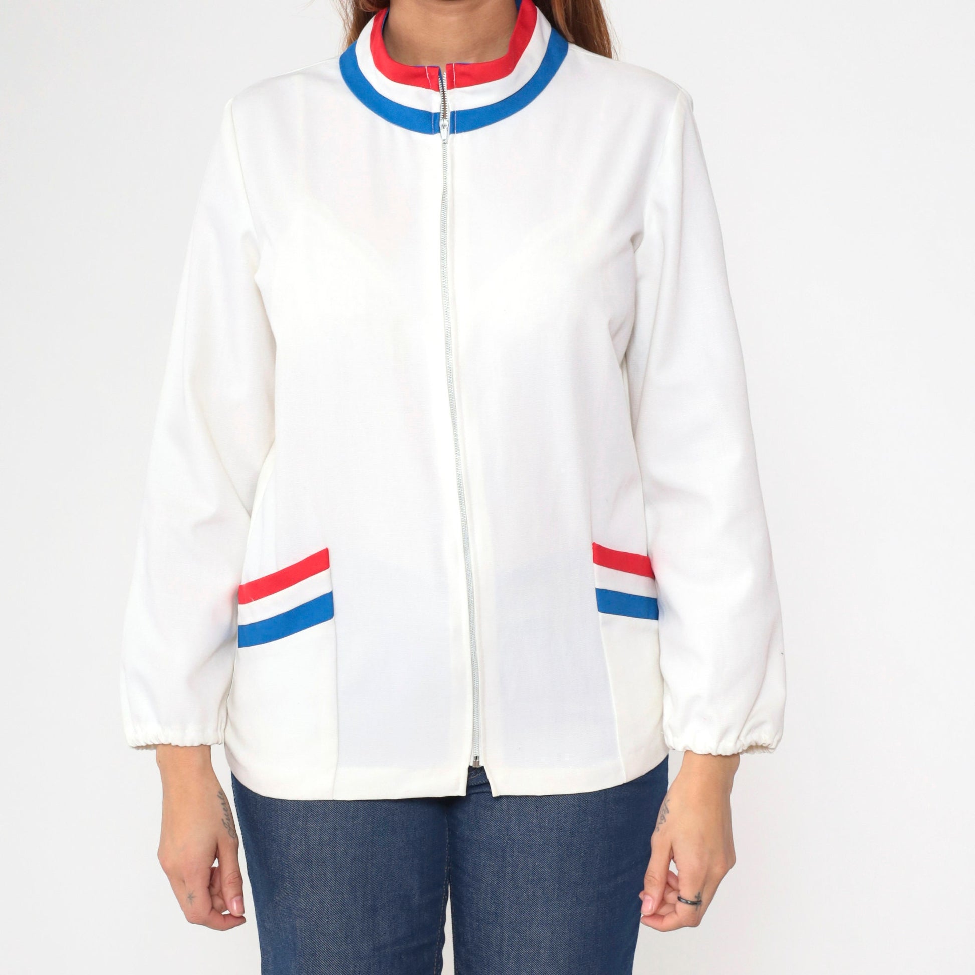 70s Striped Track Jacket White Red Blue Ringer Zip Up Mock Neck Small
