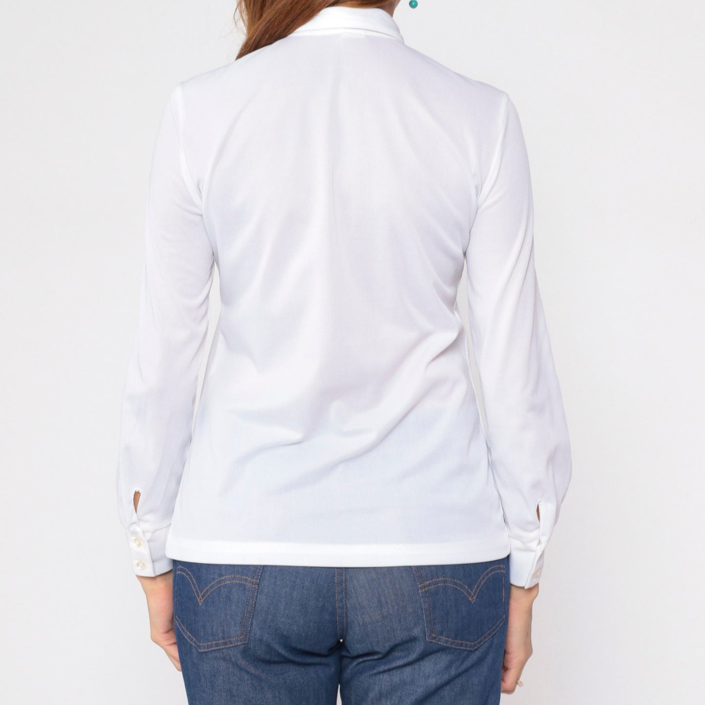 70s White Necktie Blouse Long Sleeve Button Up Ascot Shirt Medium