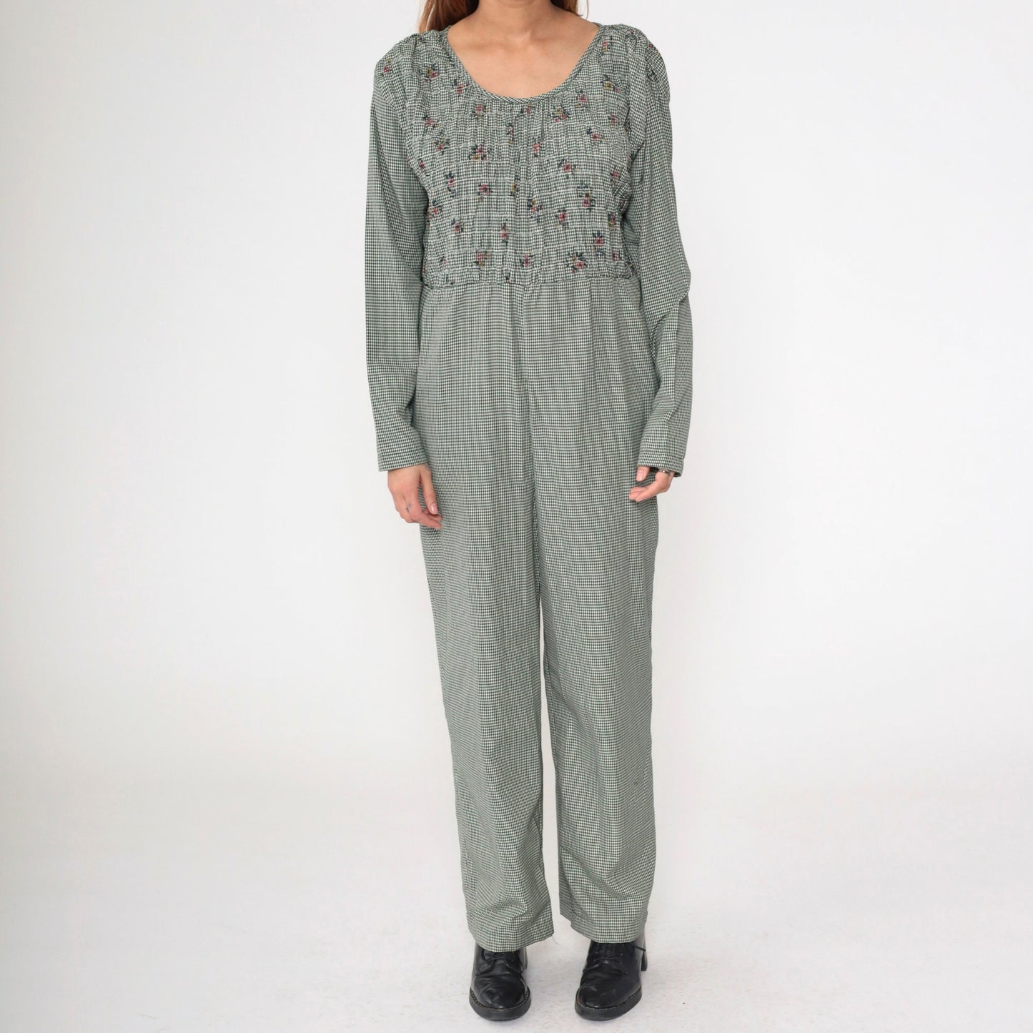 90s Gingham Smocked Floral Jumpsuit Long Sleeve Straight Leg Large
