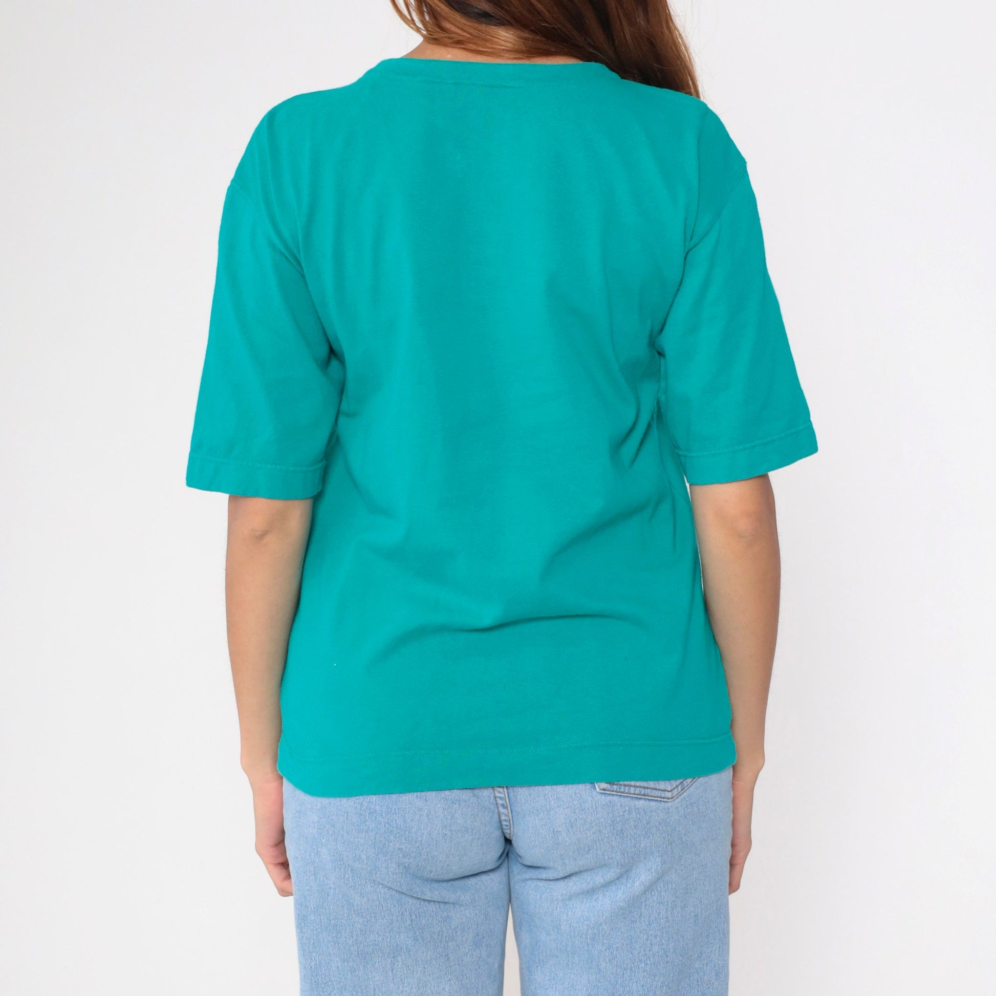 90s Teal Henley Tee Floral Embroidered Pocket Cotton Small