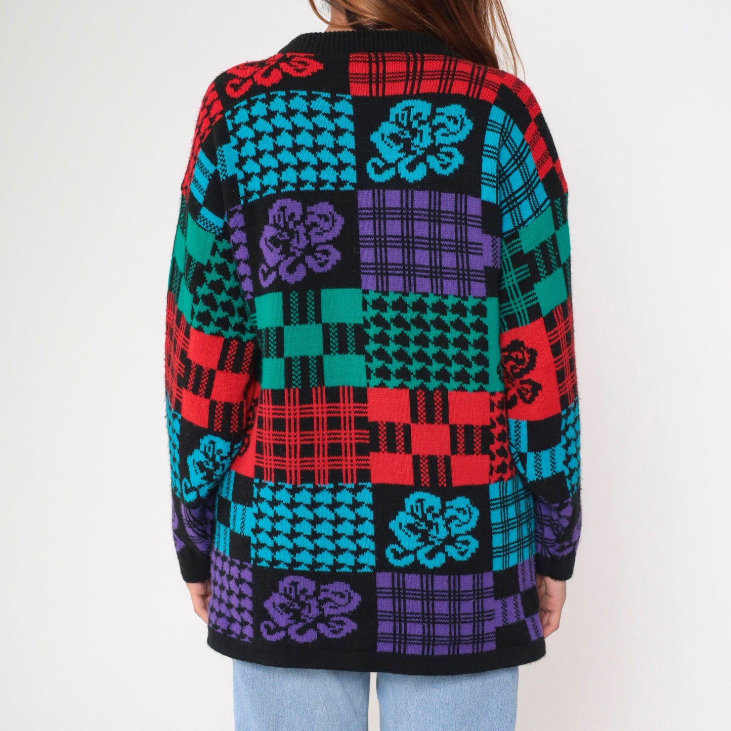 80s Traffic Jam Patchwork Checkered Floral Knit Sweater Black Red Blue Green Medium