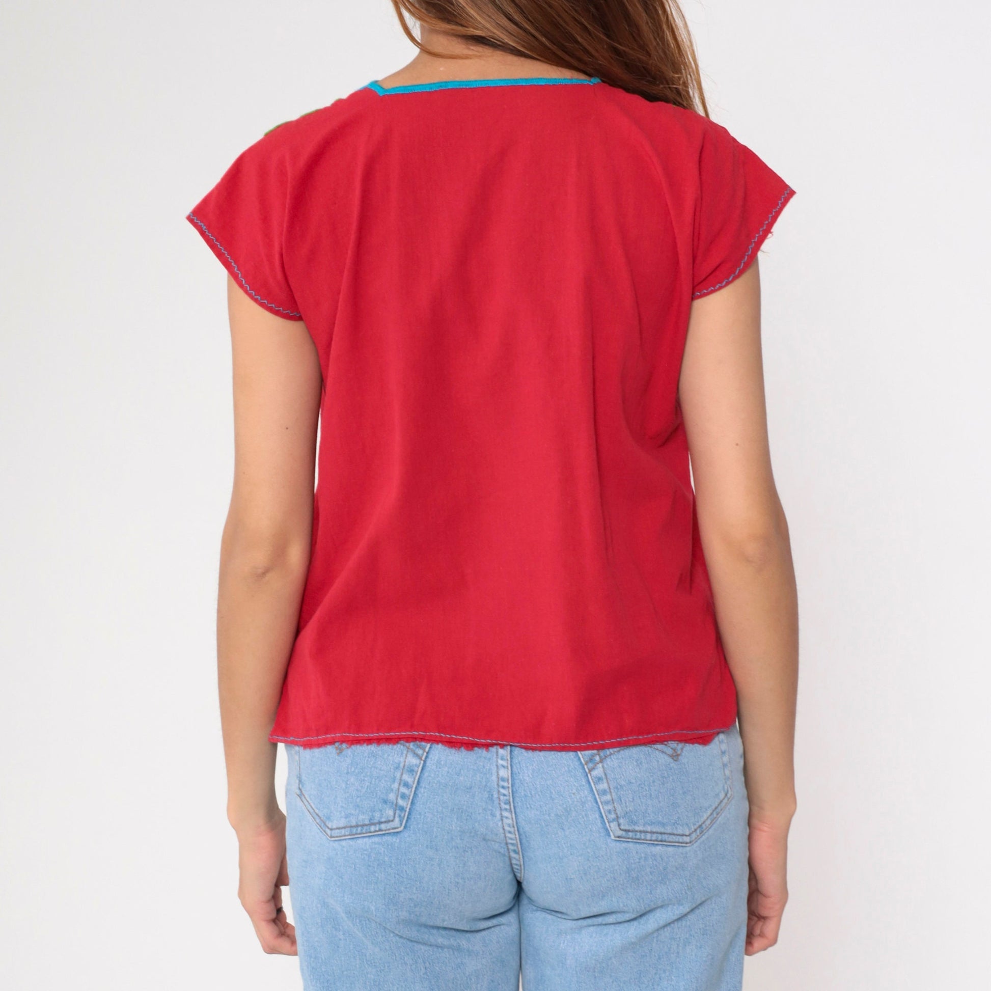 90s Mexican Embroidered Floral Blouse Red V-Neck Short Sleeve Small Medium
