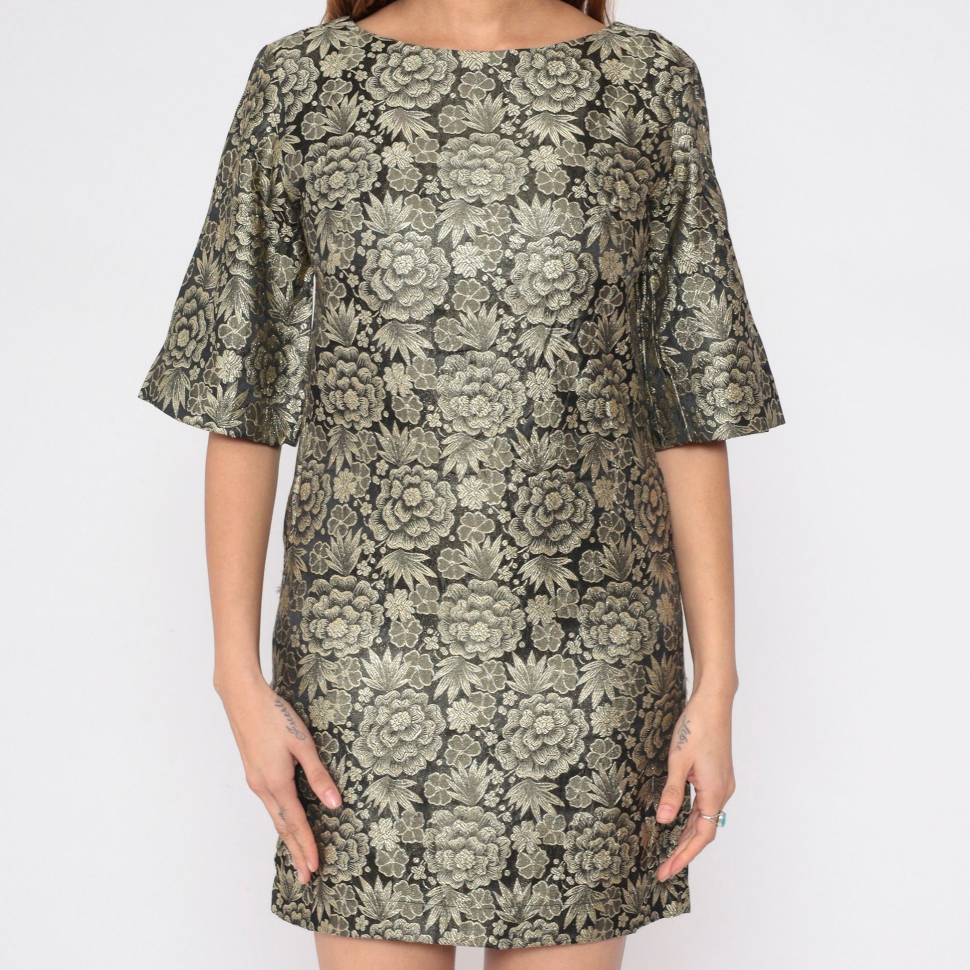 60s Gold Brocade Floral Mini Dress Bell Sleeve Shift Small S