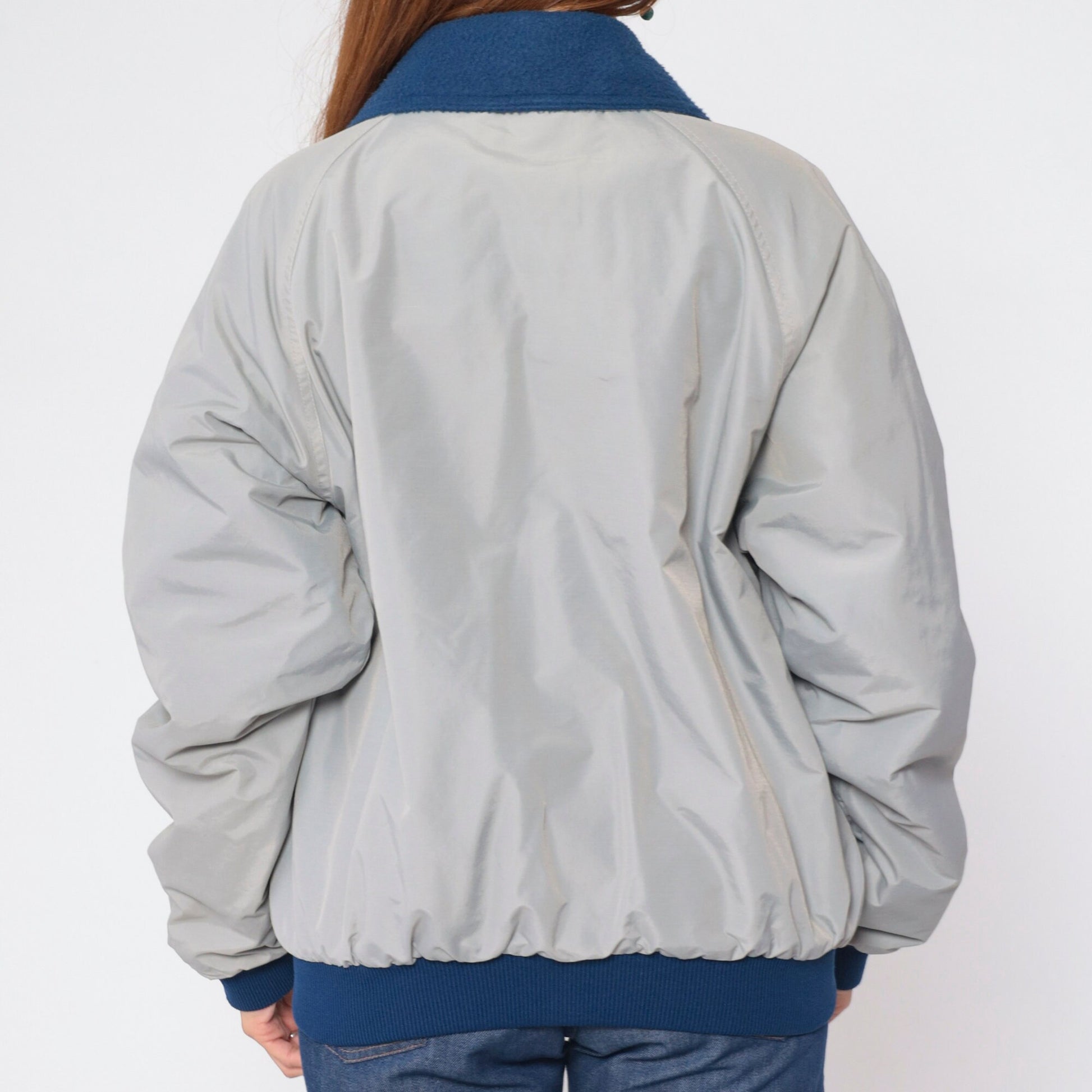 90s Grey Windbreaker Jacket Blue Fleece Lined Raglan Sleeve Large L