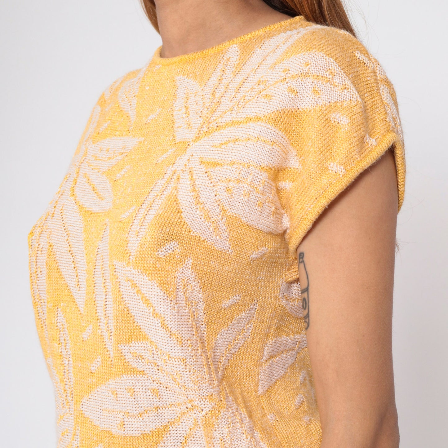80s The Villager Petites Floral Knit Sweater Yellow Cap Sleeve Small