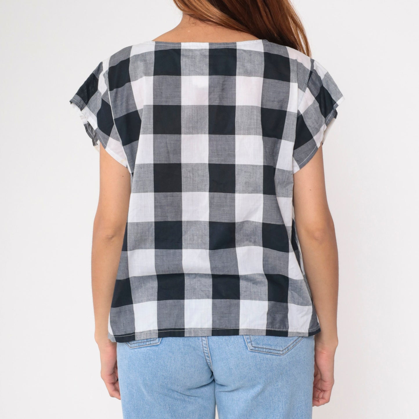 80s Buffalo Plaid Blouse Black White Checkered Cap Sleeve Scoop Neck Large