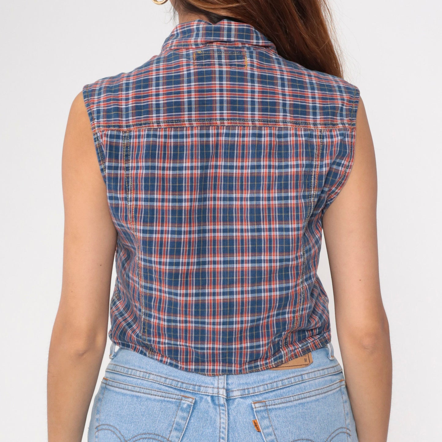 90s Plaid Button-Up Tank Top Blue Orange Checkered Cotton Medium