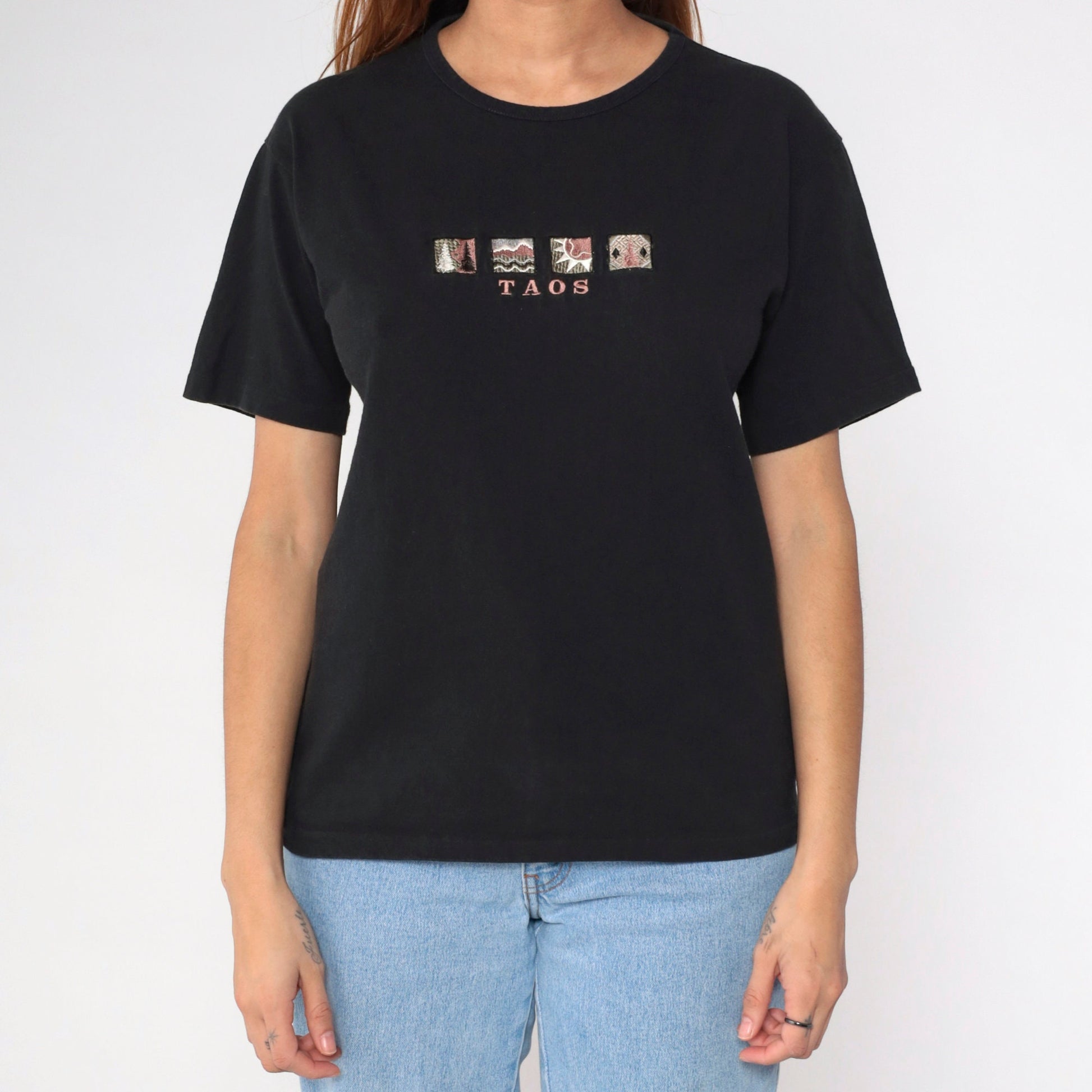 90s Taos New Mexico Graphic T-Shirt Black Embroidered Mountain Sun Medium