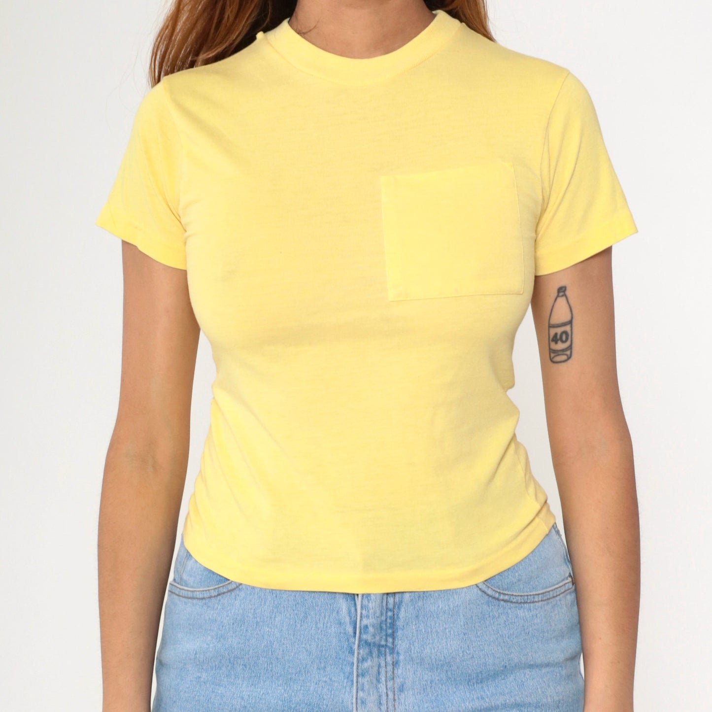 90s Yellow Pocket T-Shirt Cotton Blend Crewneck Youth Medium