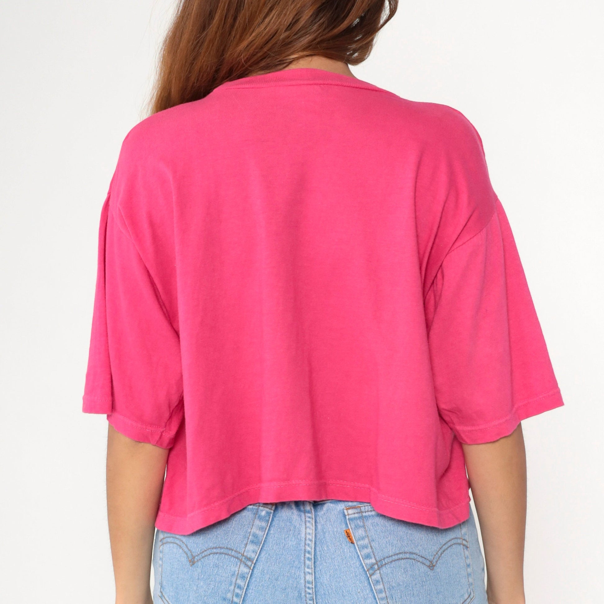 90s Energie Hot Pink Crop Top Cotton T-Shirt Pocket Tee Large L