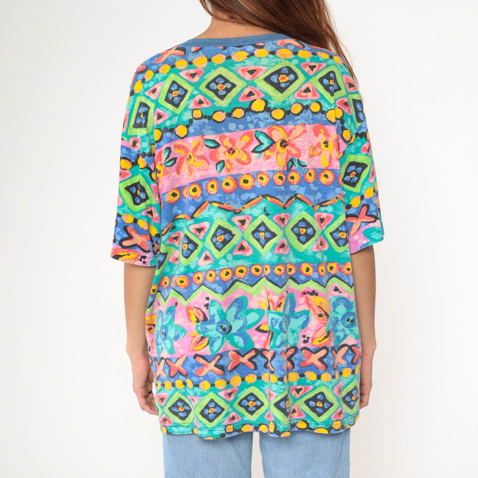 90s Geometric Floral Rhinestone T-Shirt Green Pink Blue Extra Large XL