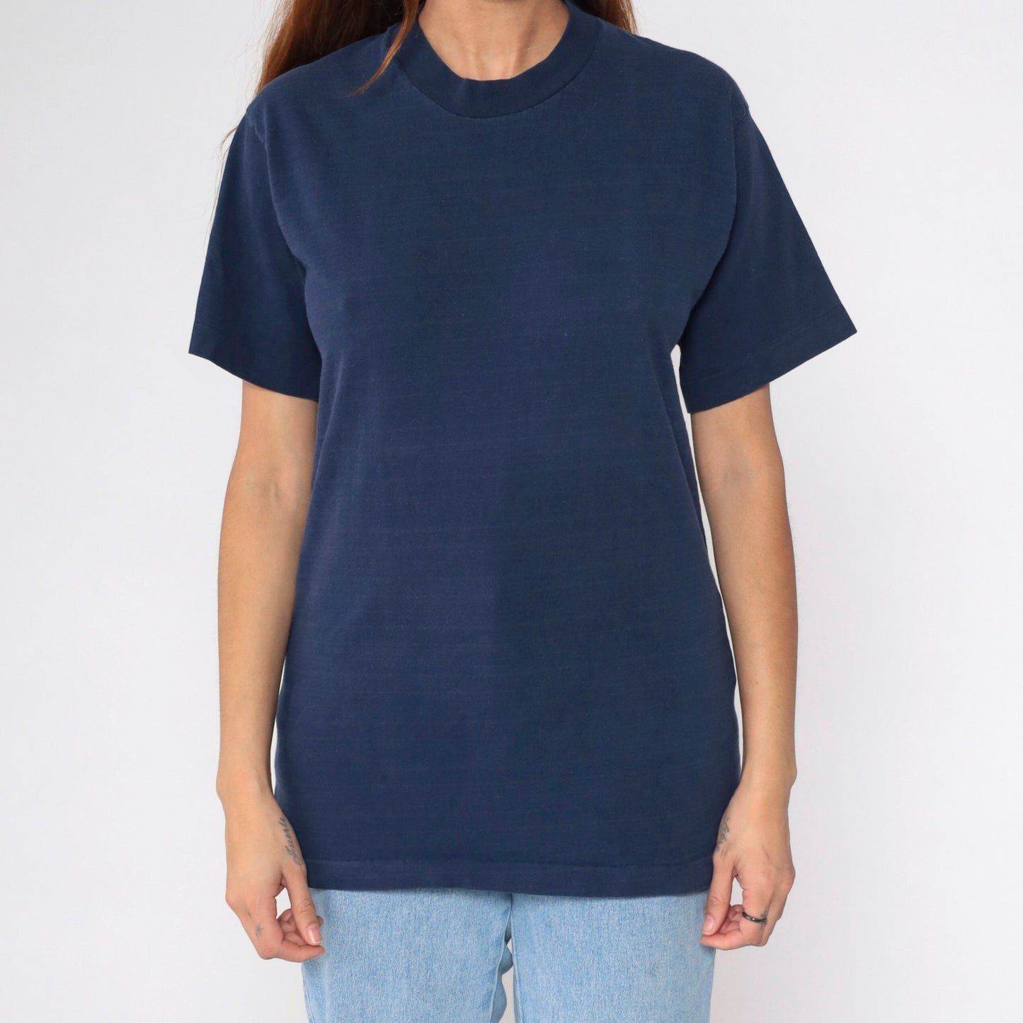 80s Navy Striped Single Stitch T-Shirt Plain Tee Medium