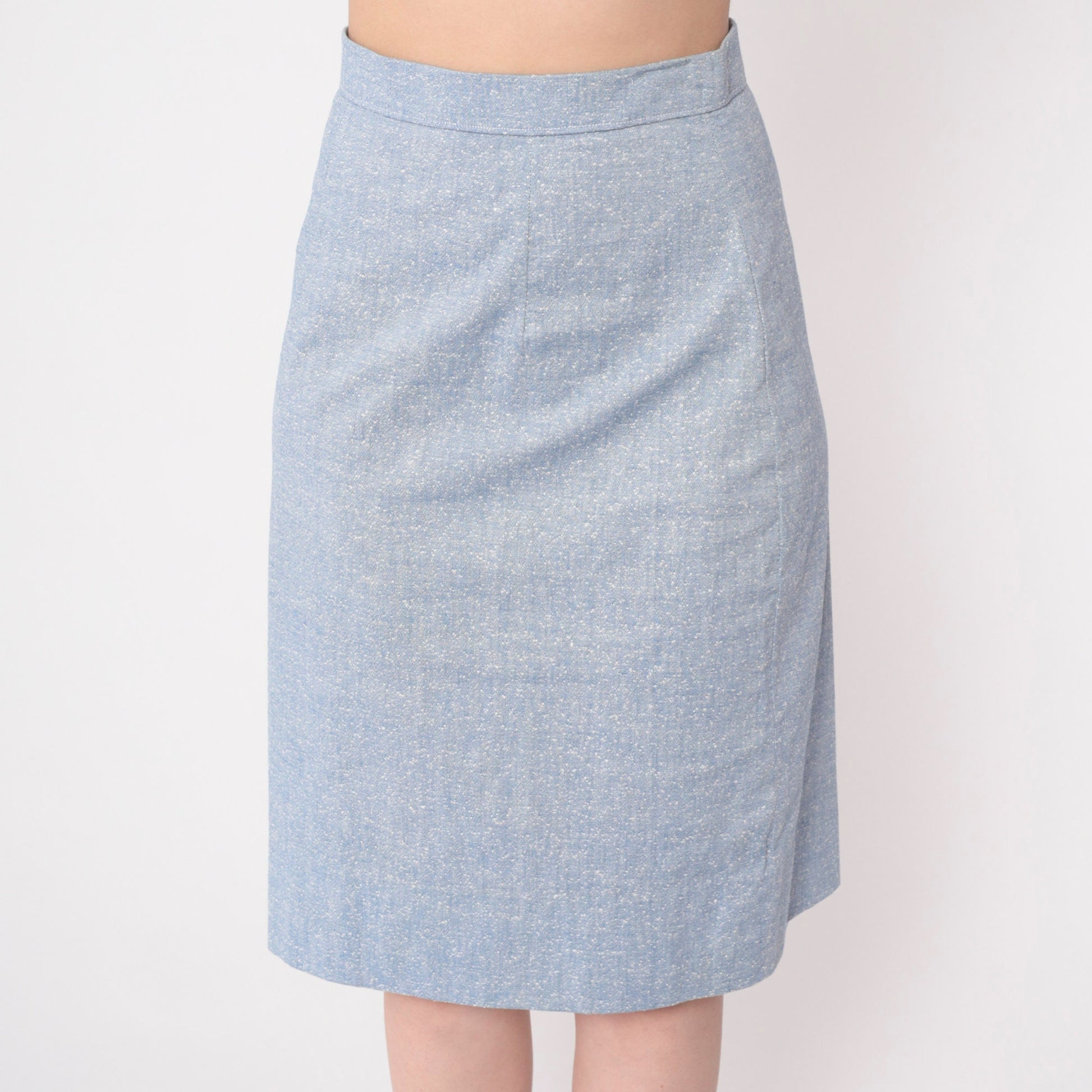 70s Light Blue Flecked Pencil Skirt High Waist Midi Extra Small XS