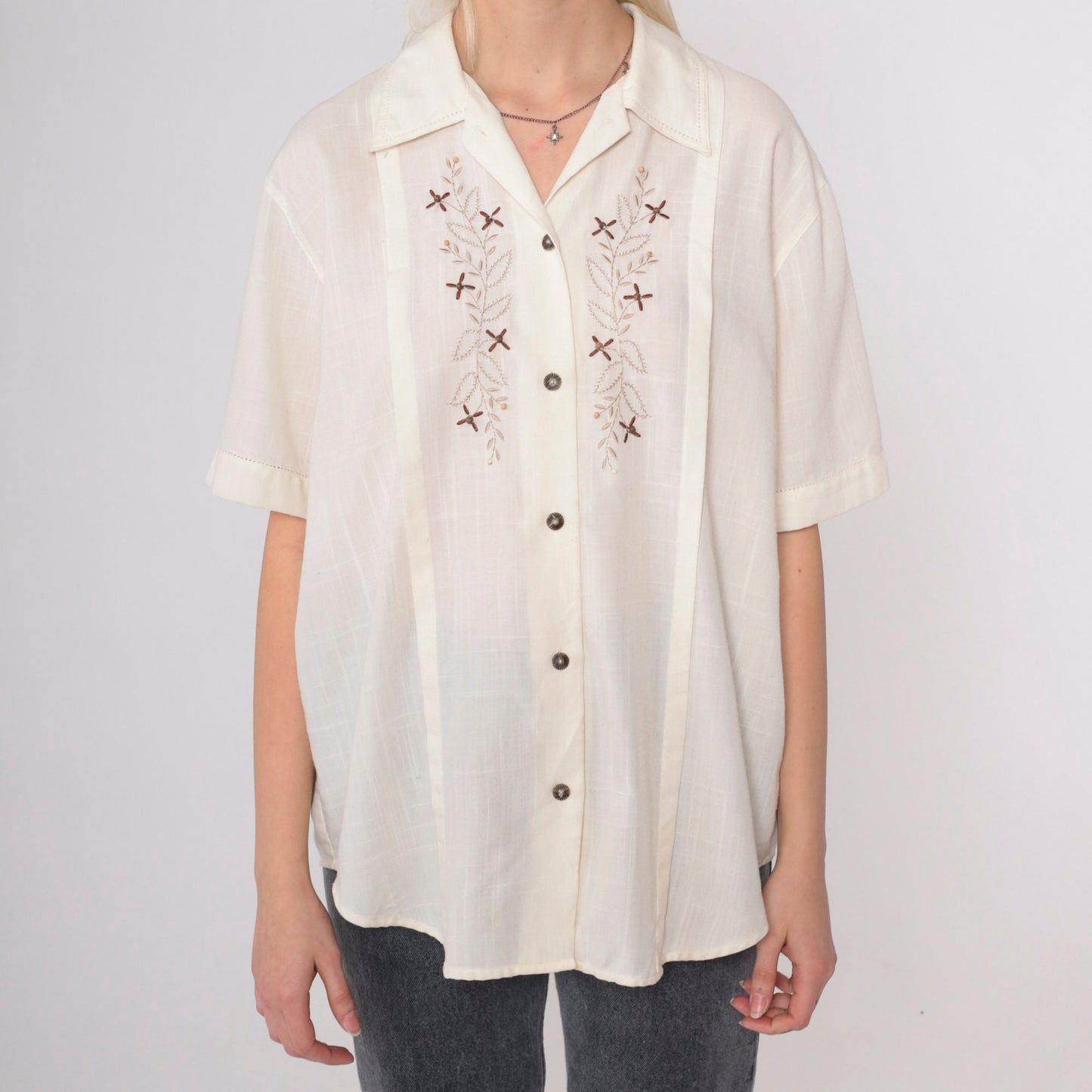 80s Jantzen Classics Floral Embroidered Cream Blouse Beaded Collar Medium M