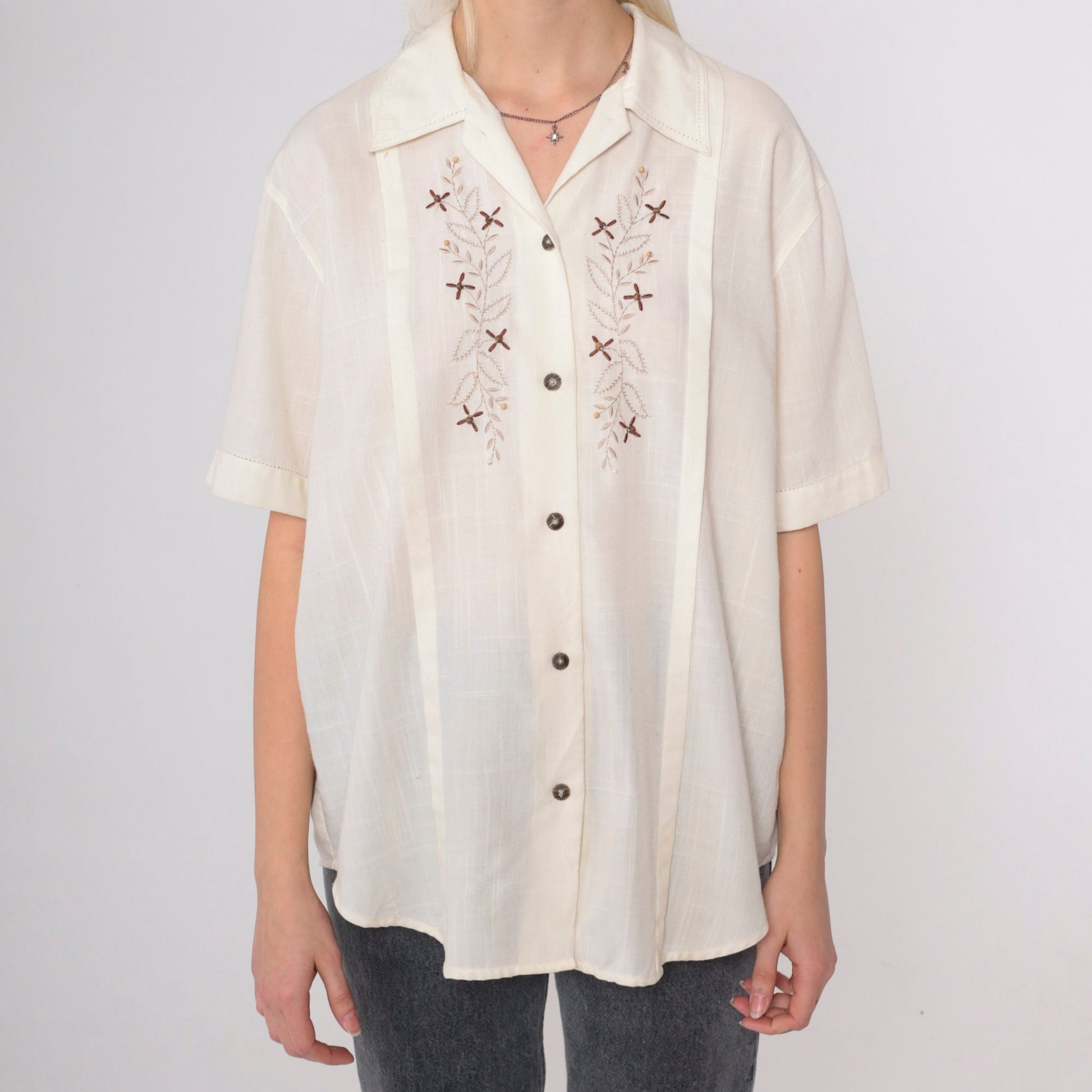 80s Jantzen Classics Floral Embroidered Cream Blouse Beaded Collar Medium M