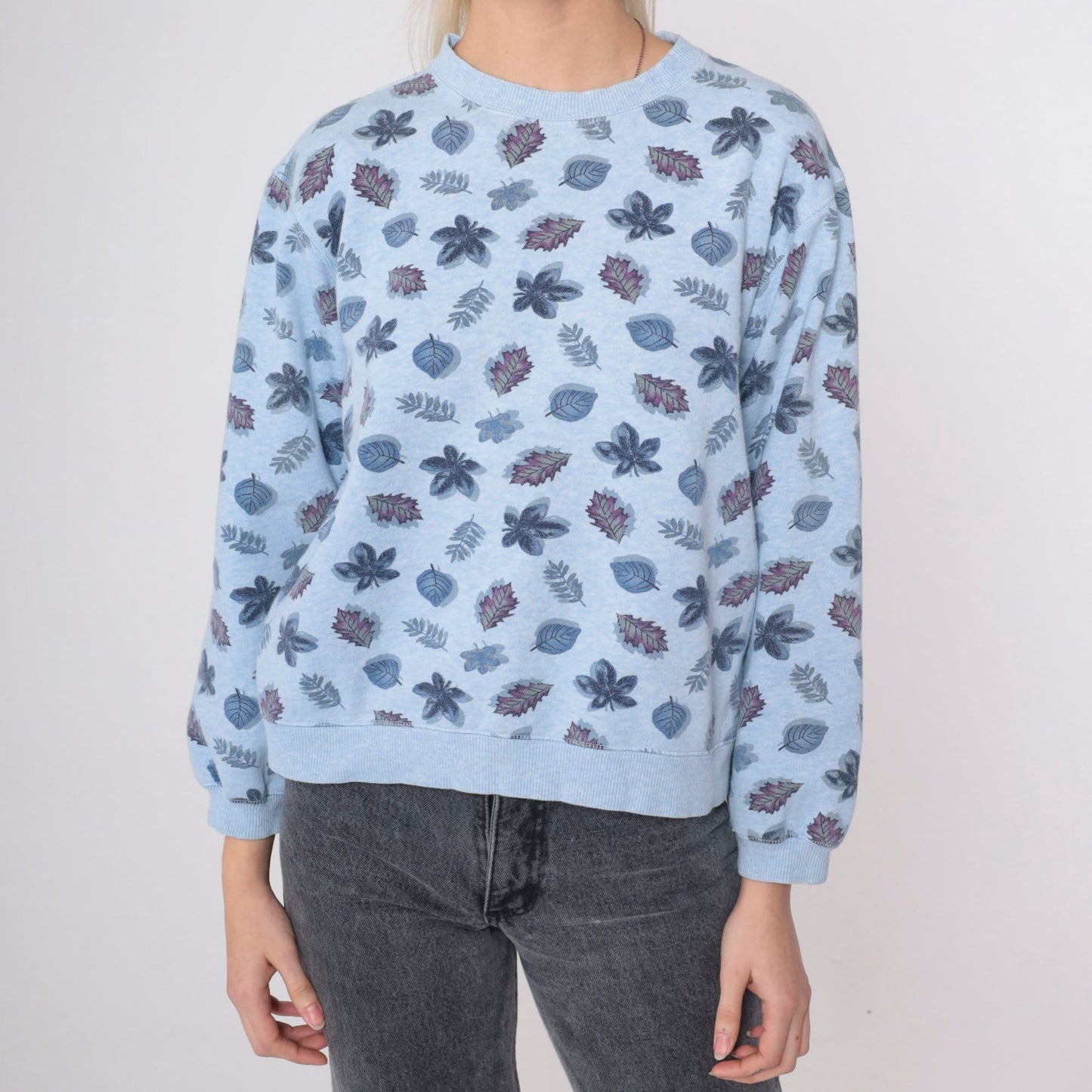 90s Leaf Print Sweatshirt Grey Botanical All Over Crewneck Small