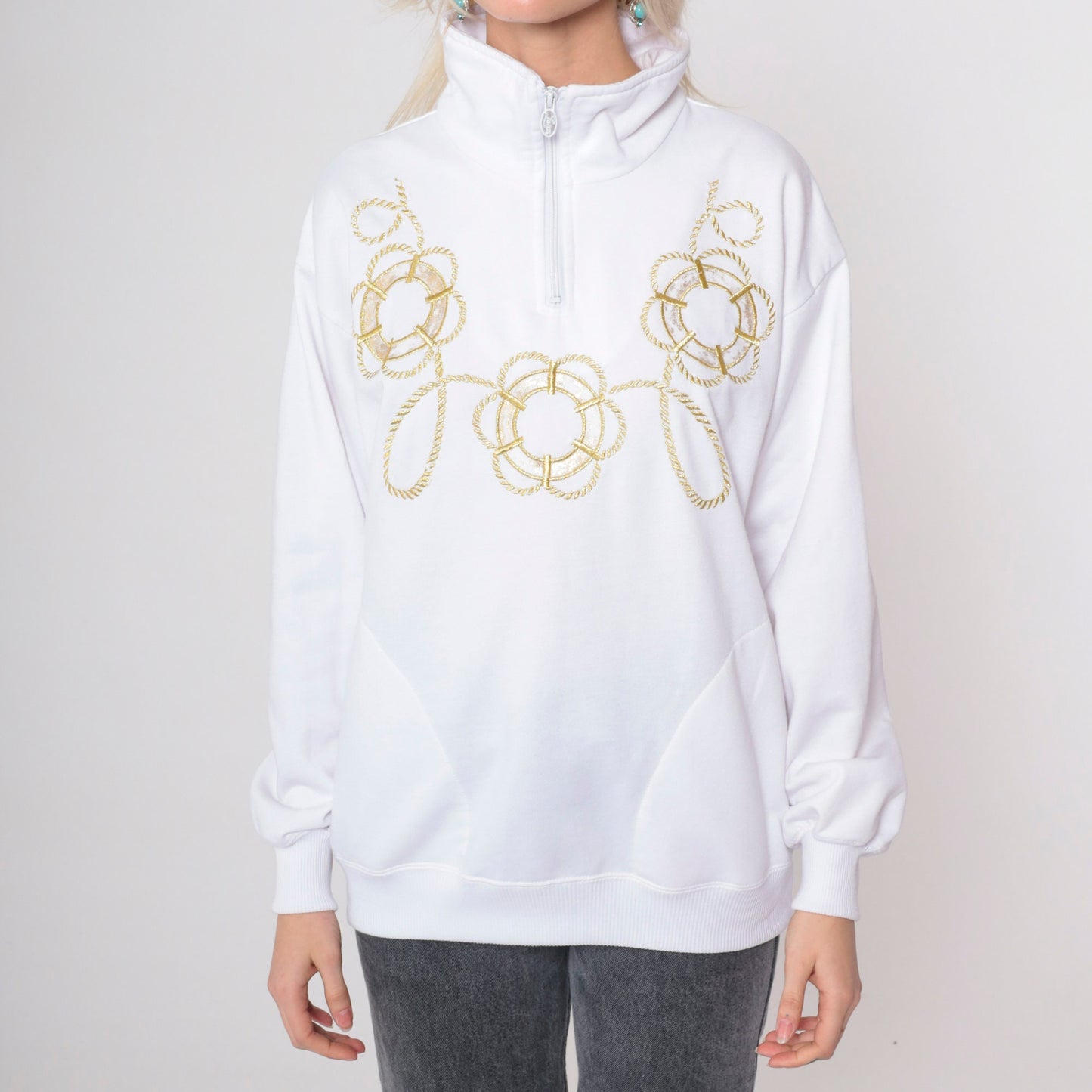 90s Sailor Sweatshirt White Gold Embroidered Lifebuoy Quarter Zip Medium