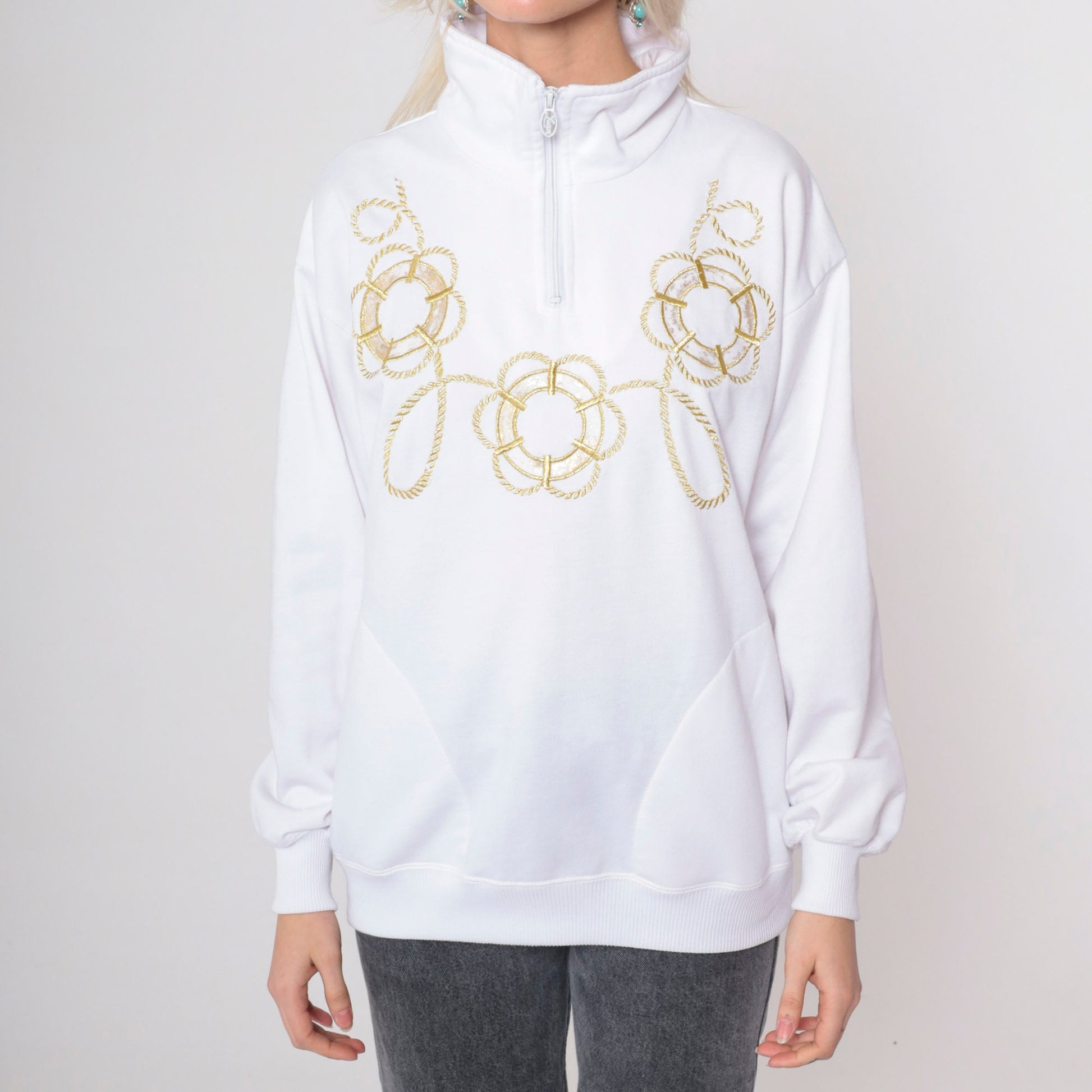 90s Sailor Sweatshirt White Gold Embroidered Lifebuoy Quarter Zip Medium