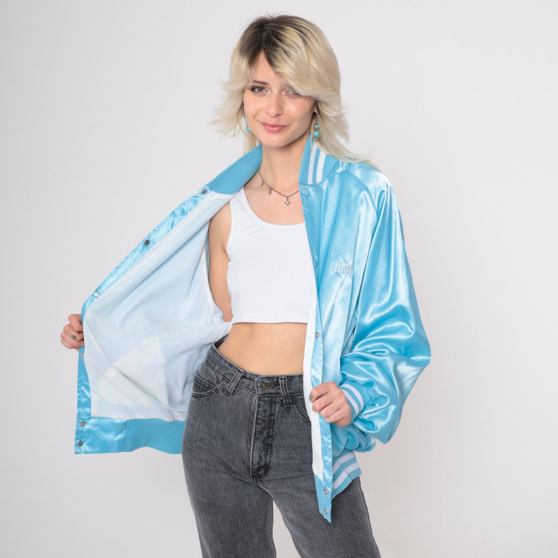 80s Winterhaven RV Resort Satin Bomber Jacket Baby Blue Roadrunner Extra Large