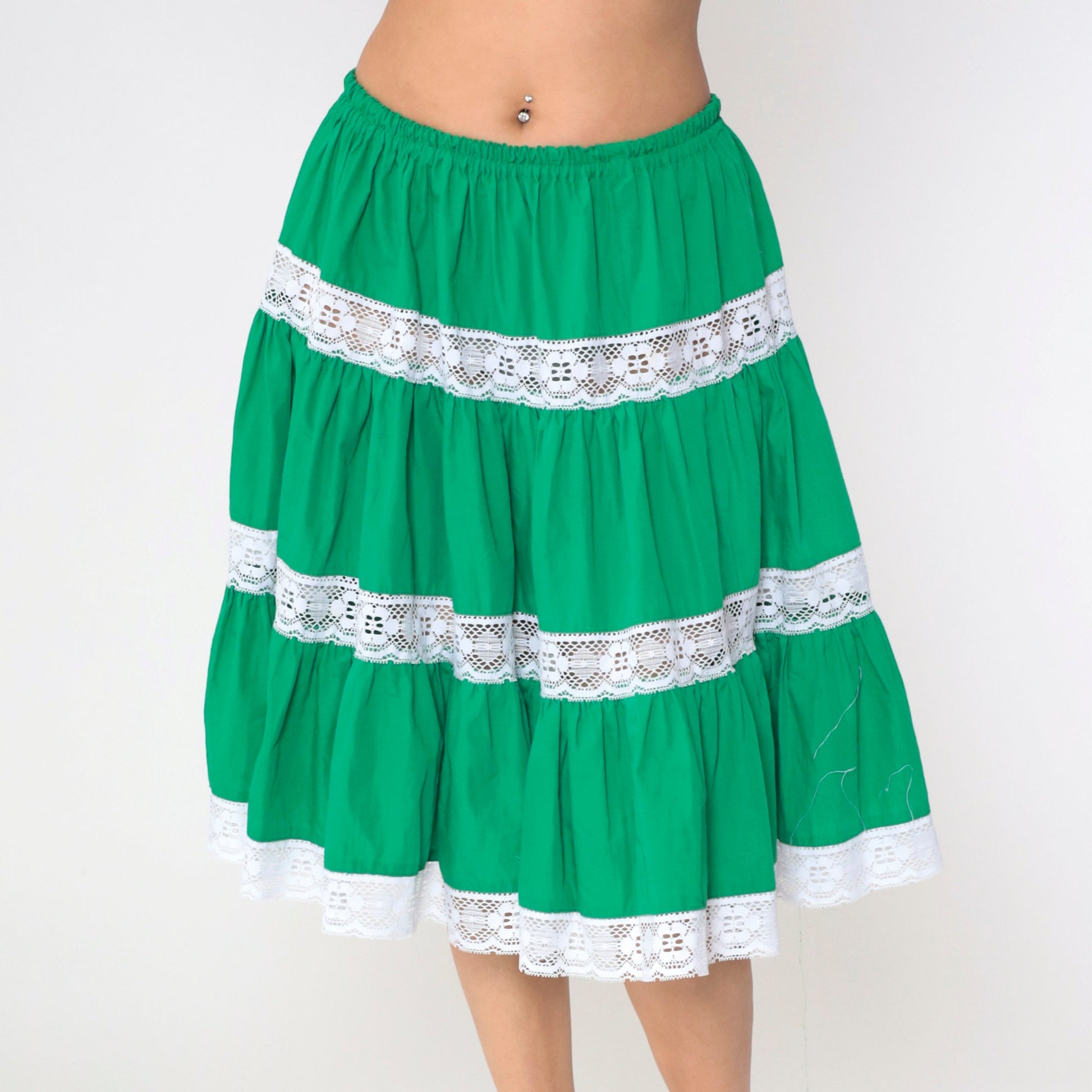 70s Green Tiered Midi Skirt Lace Trim High Waist Small