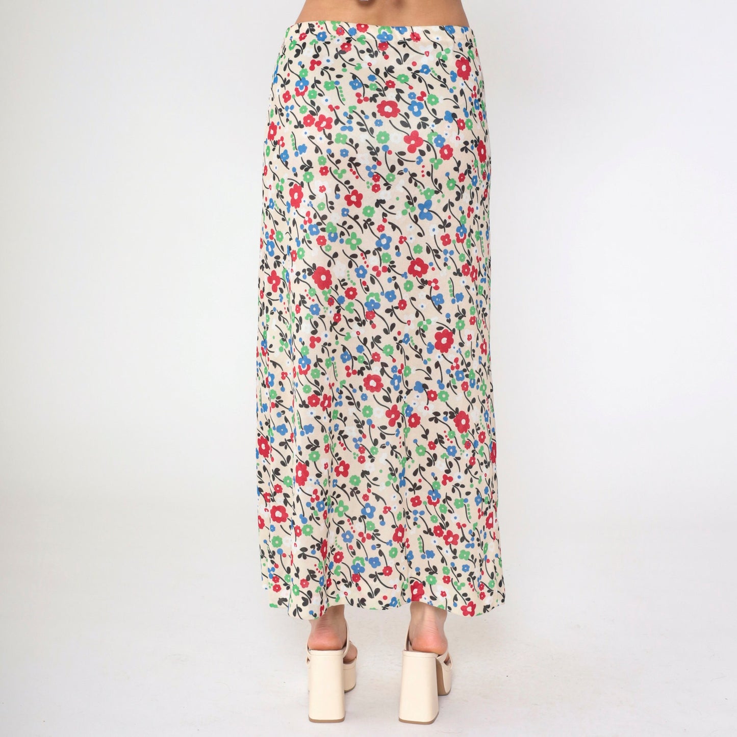 70s Floral Maxi Skirt High Waist Elastic Cream Red Green Blue Medium