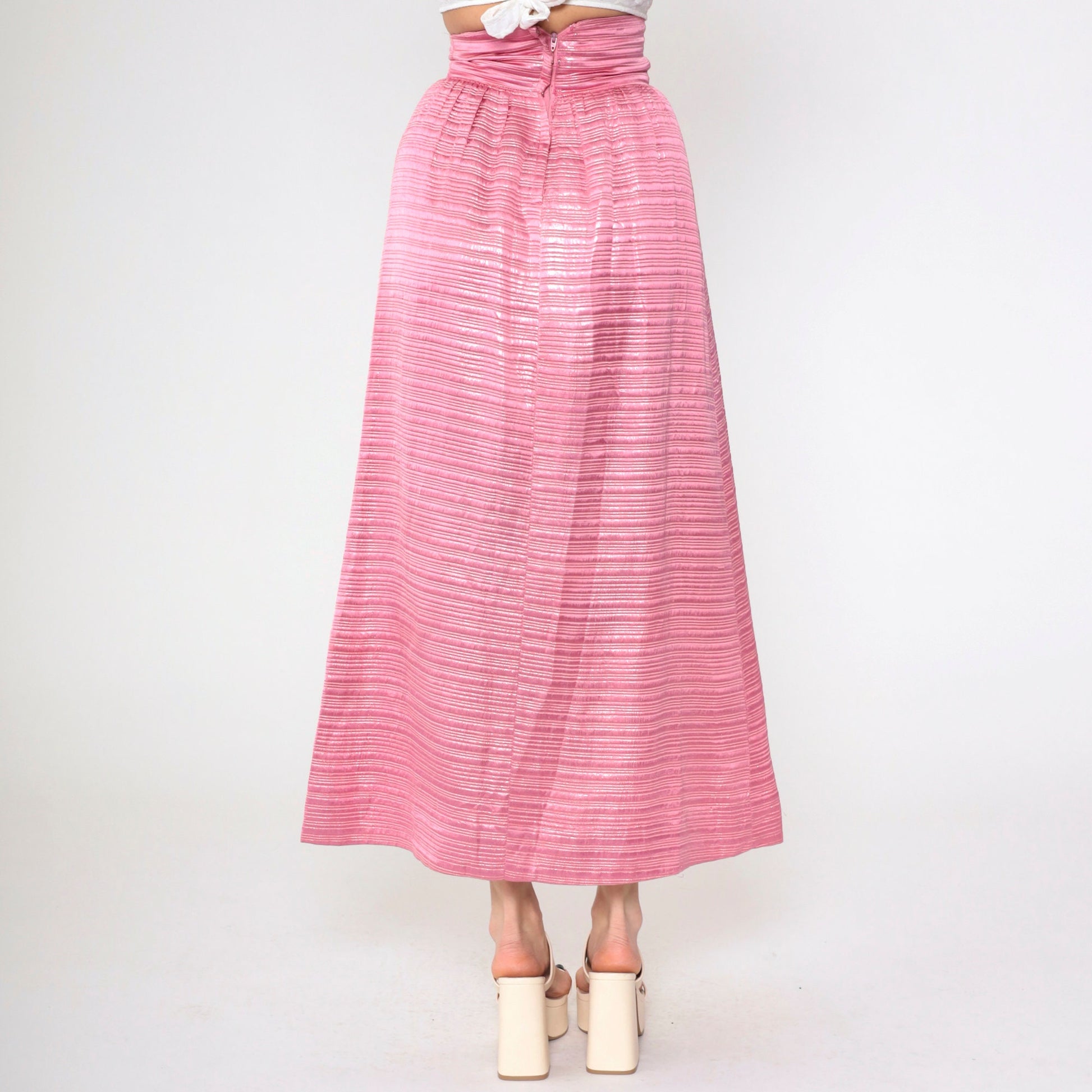 60s Pink Metallic Maxi Skirt High Waisted Formal Evening Wear Extra Small