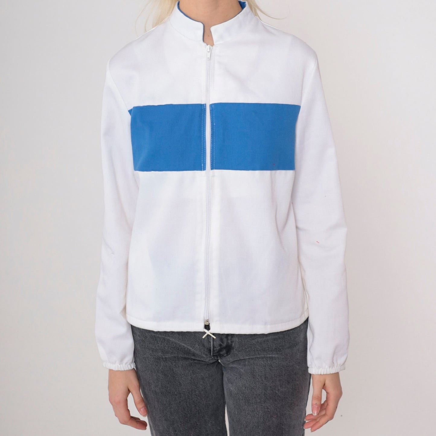 80s Miss USA Windbreaker White Blue Stripe Stand Collar Zip Jacket Small