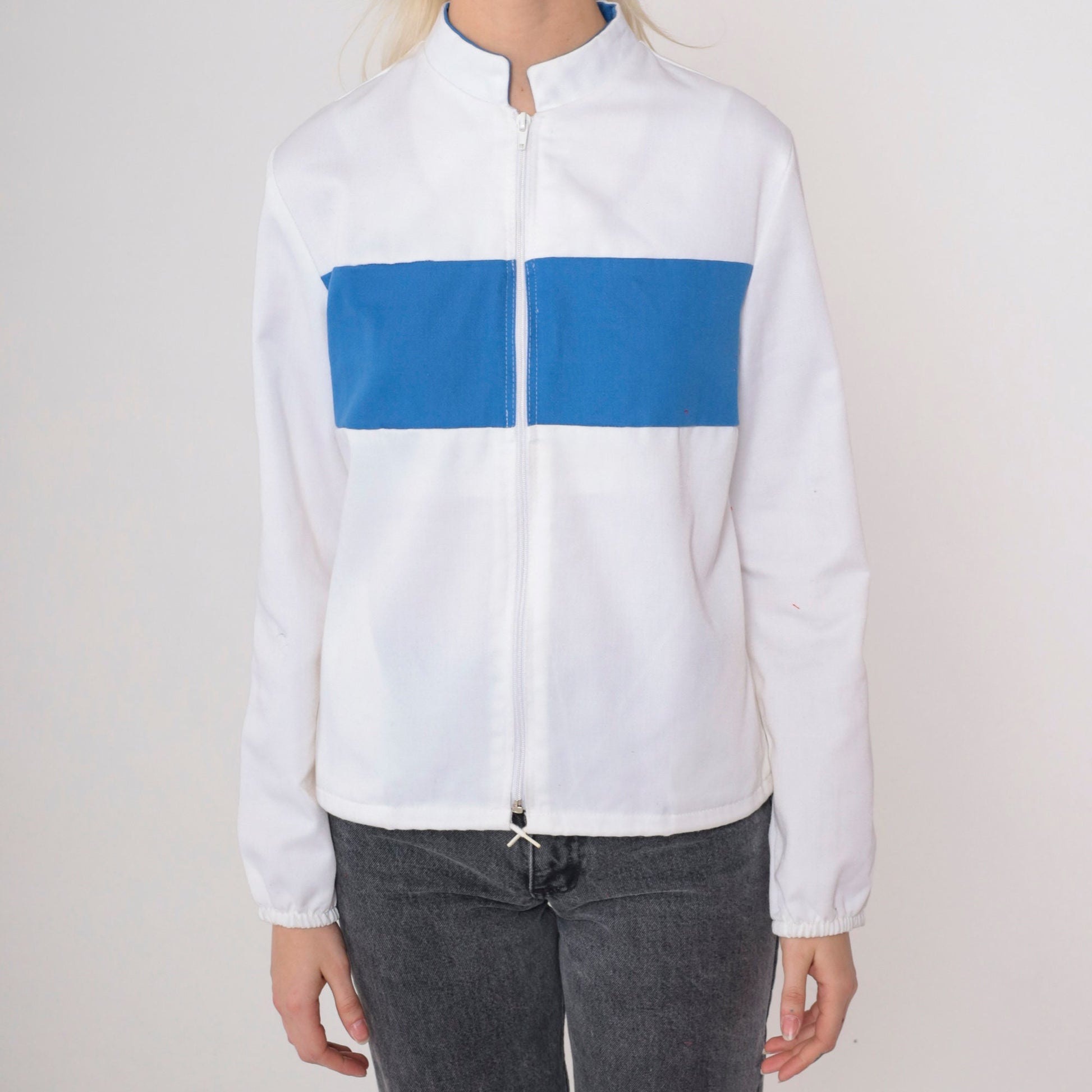 80s Miss USA Windbreaker White Blue Stripe Stand Collar Zip Jacket Small