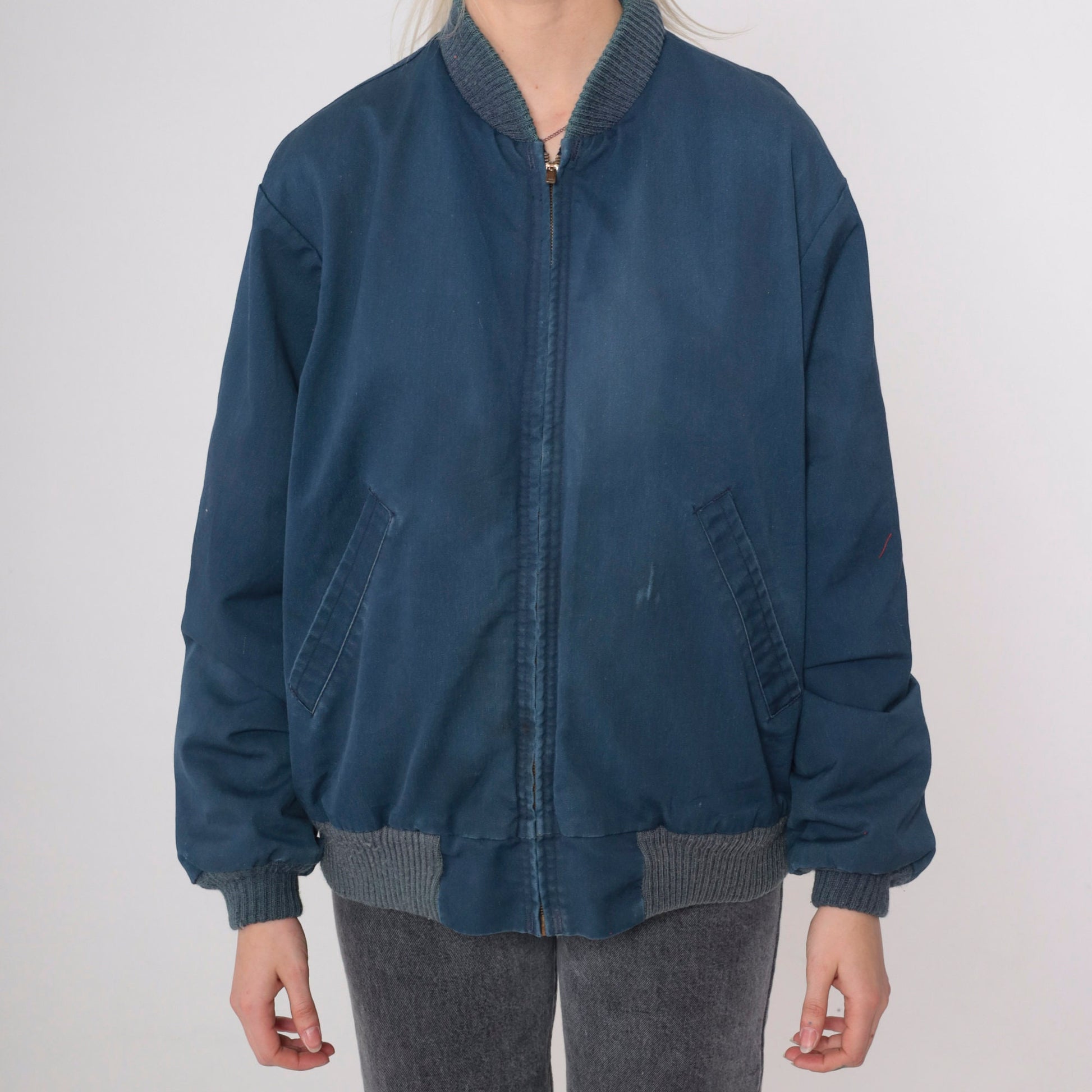 80s Navy Windbreaker Jacket Red Quilted Lining Zip Bomber Medium
