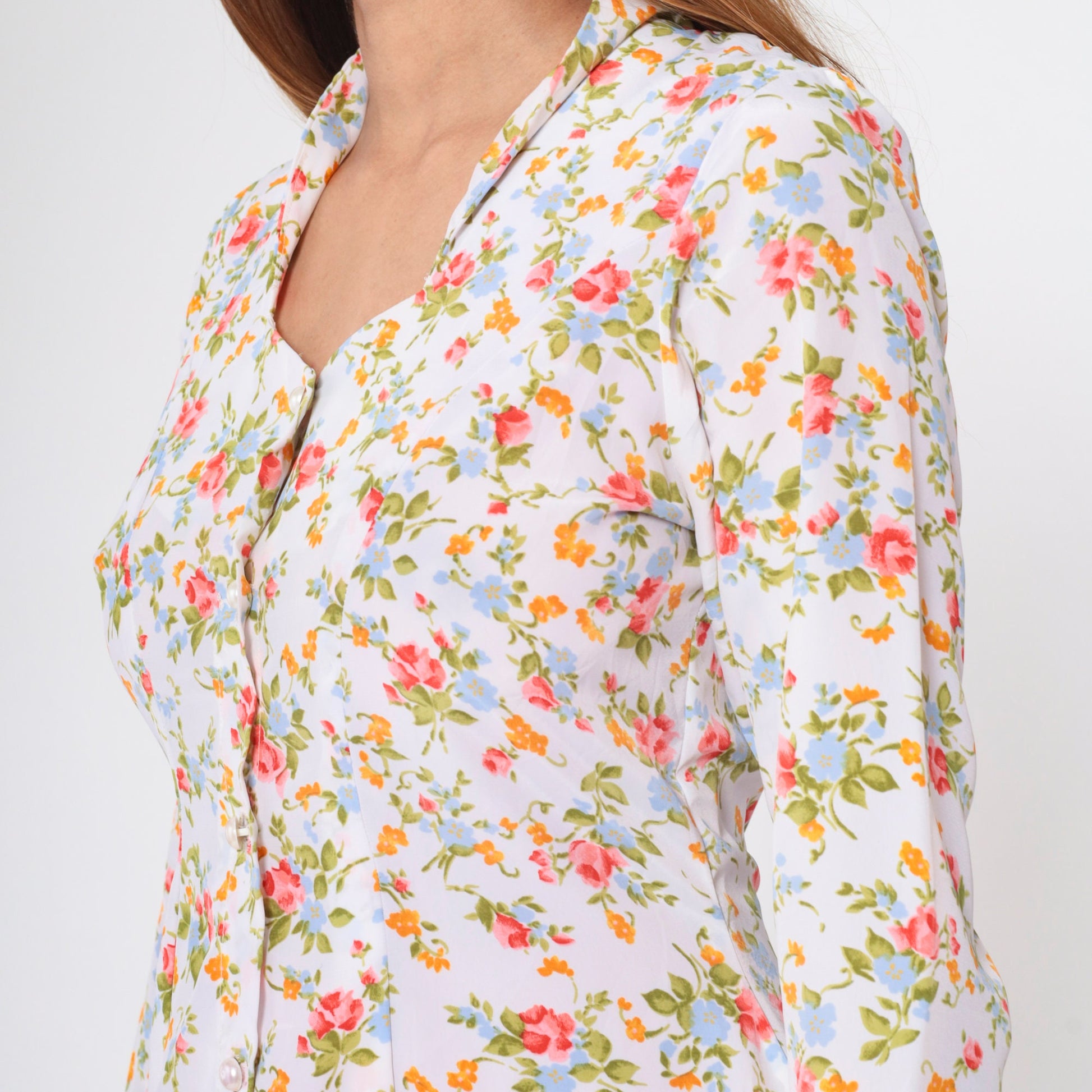 90s White Floral Mini Dress Button-Up Long Sleeve Ditsy Print Medium M