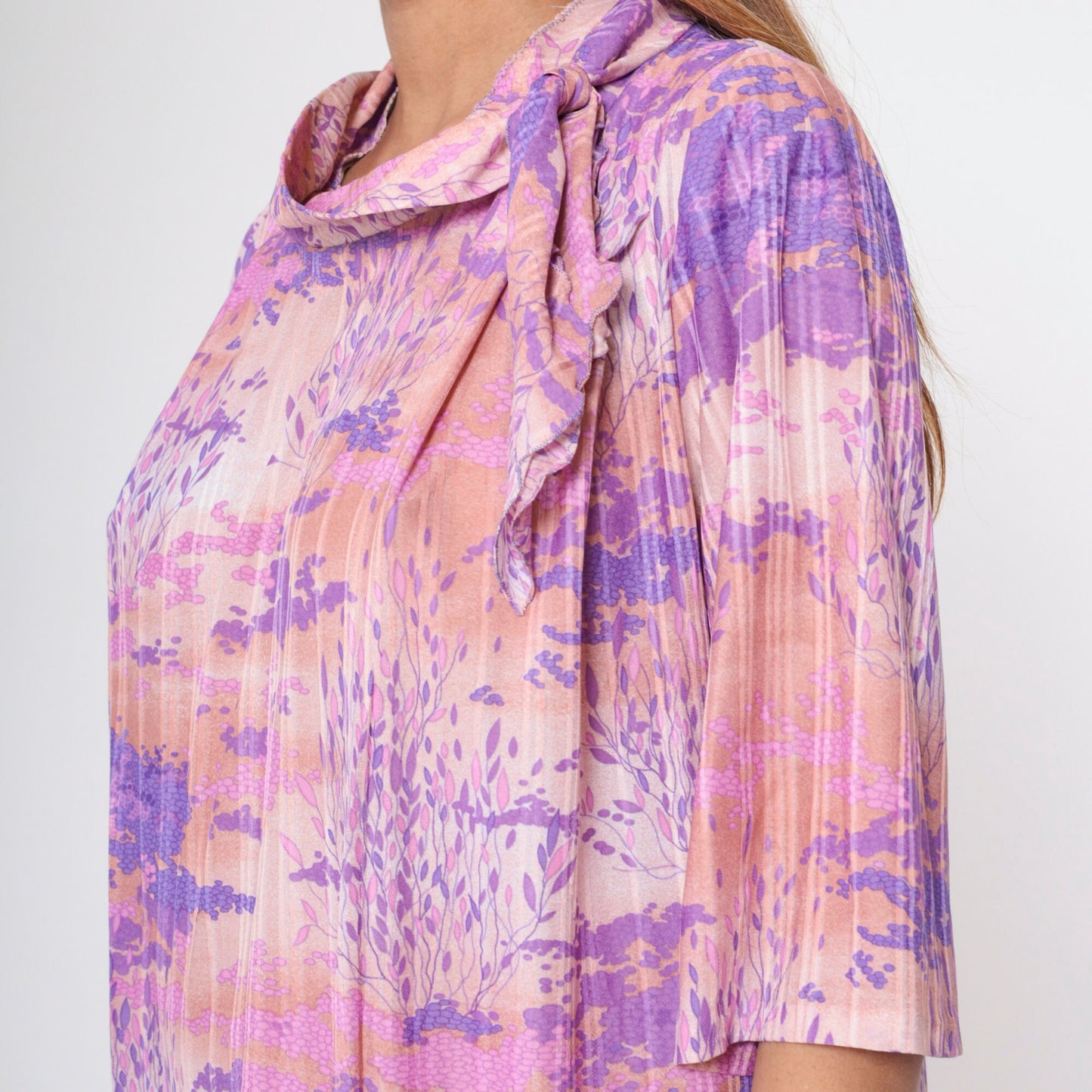 70s Psychedelic Midi Dress Abstract Tree Cloud Print Ascot Tie Short Sleeve Purple Pink Large L