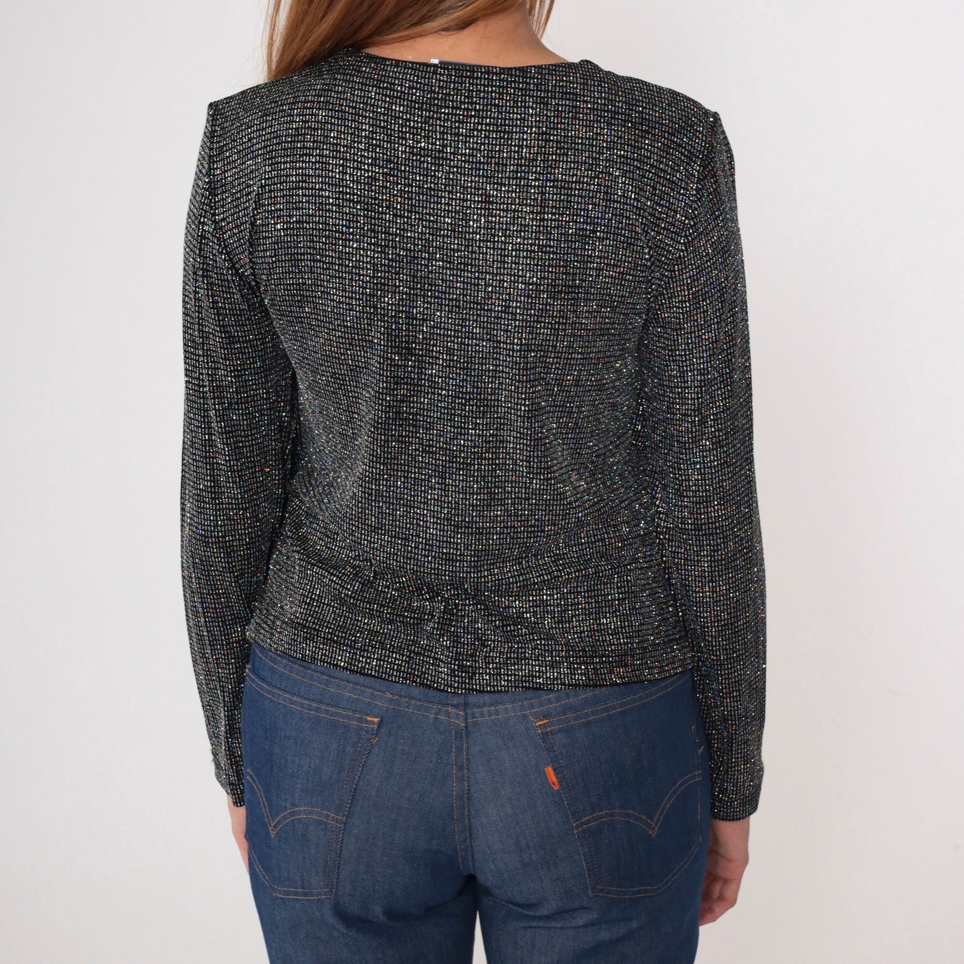 90s Silver Metallic Blouse Long Sleeve Tank Top Attached Cardigan Medium