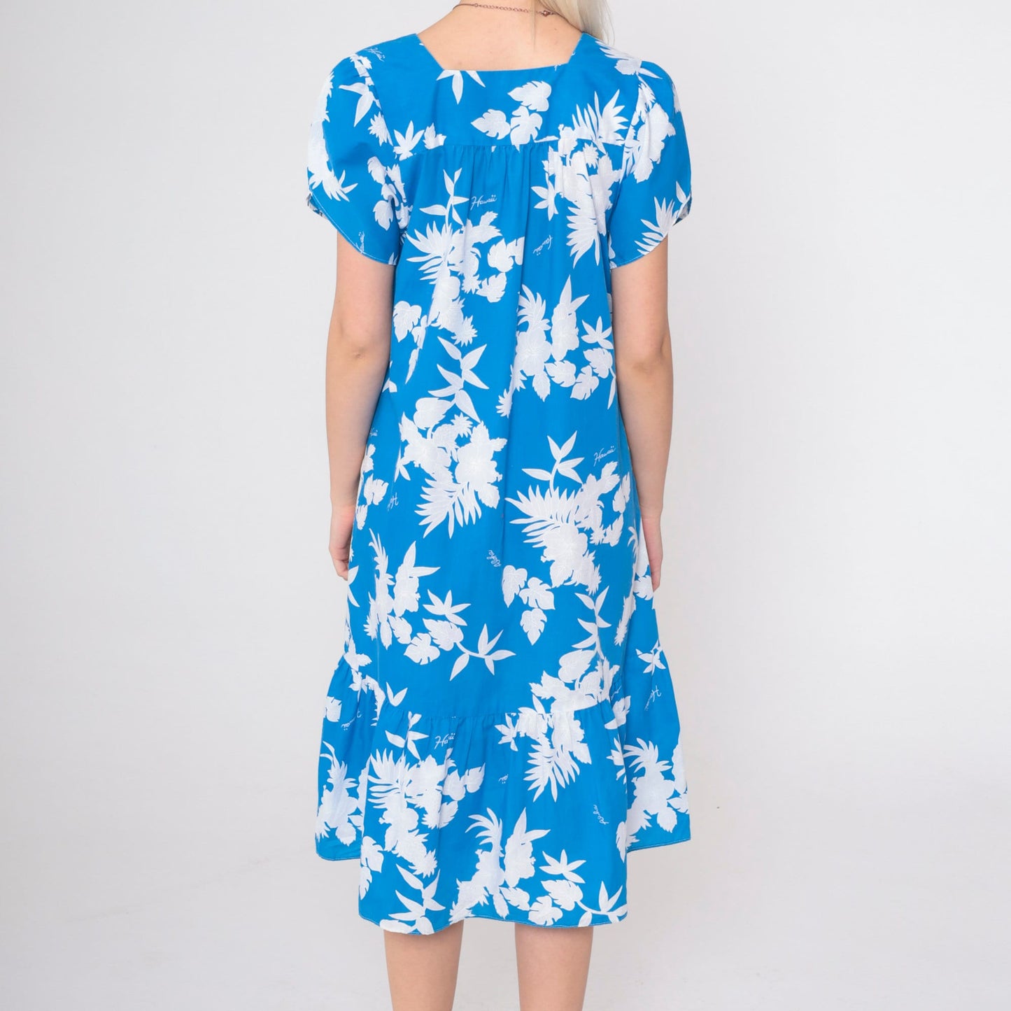 80s Hawaiian Floral Mini Dress Blue Puff Sleeve Tent Cut Small
