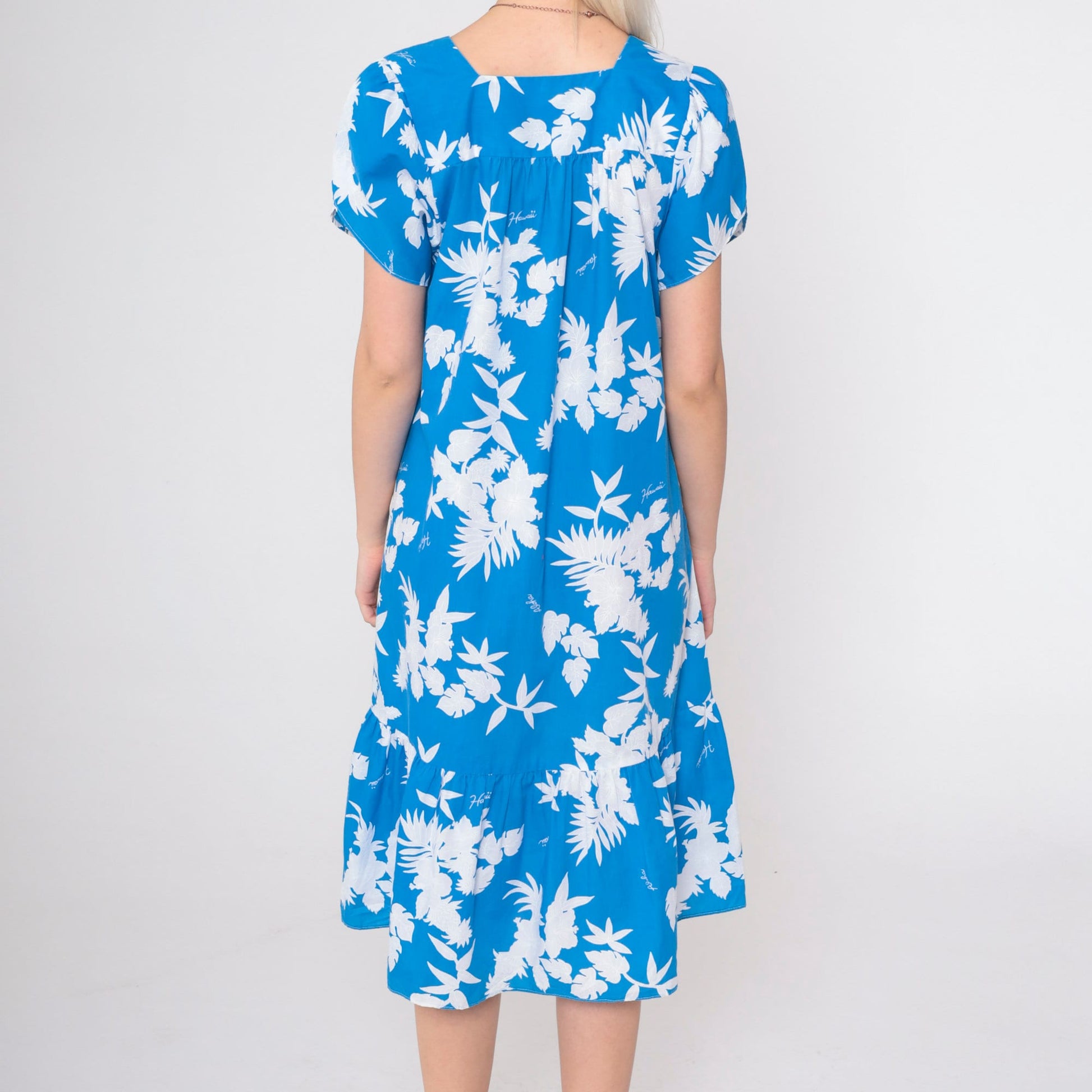 80s Hawaiian Floral Mini Dress Blue Puff Sleeve Tent Cut Small