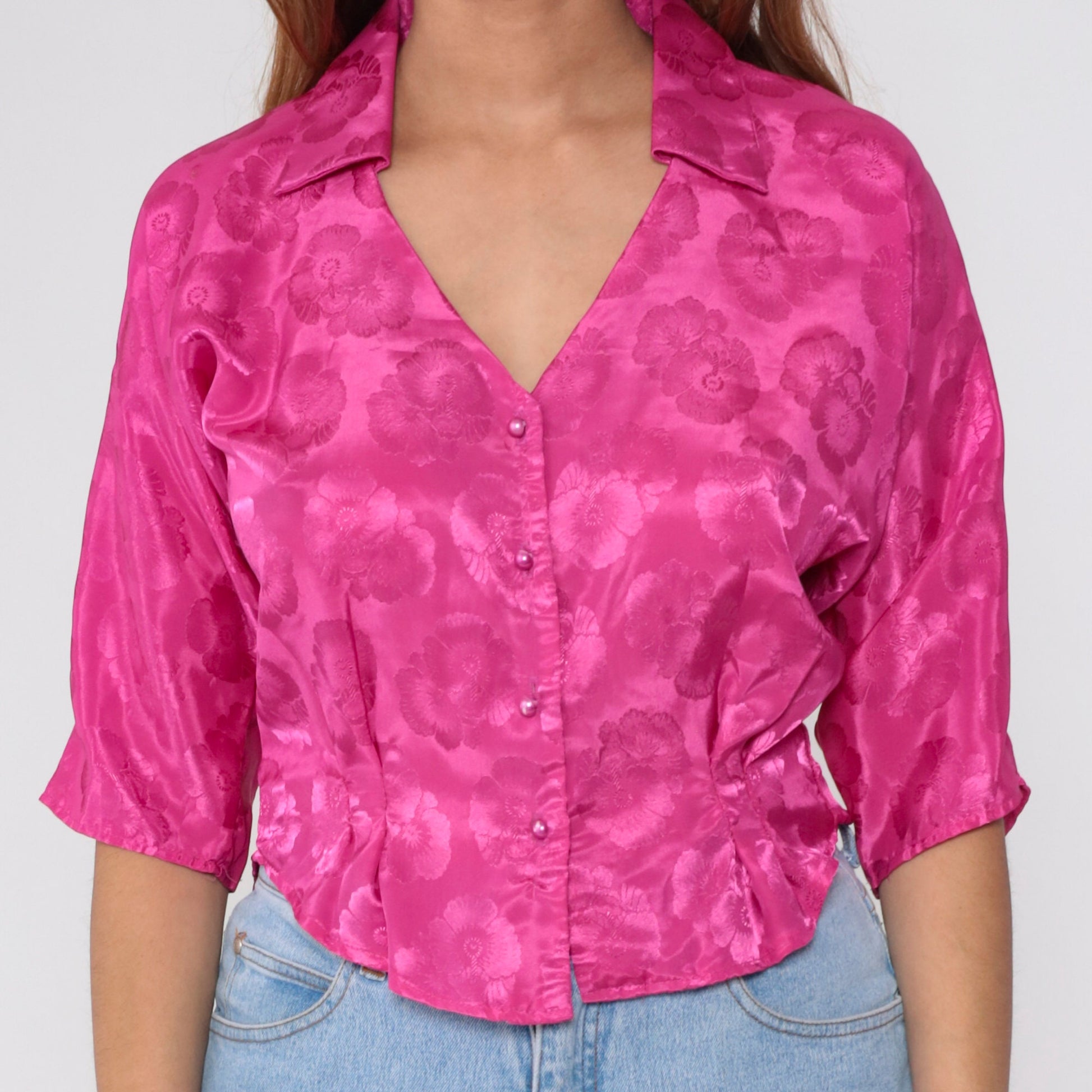 80s Fuchsia Satin Floral Blouse Keyhole Back Pearl Button 1/2 Sleeve Medium