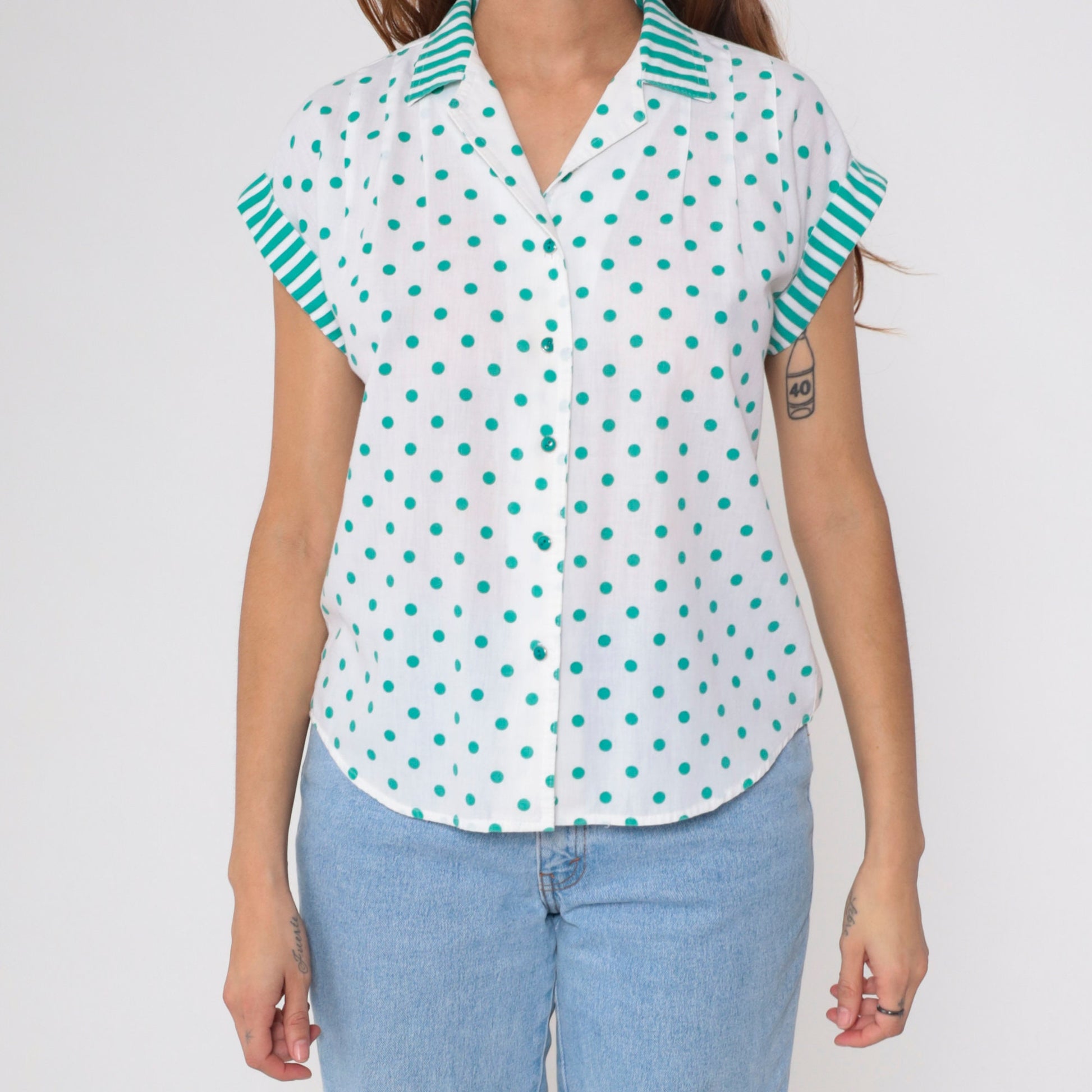 80s White Polka Dot Blouse Green Striped Collar Button Up Cap Sleeve Medium